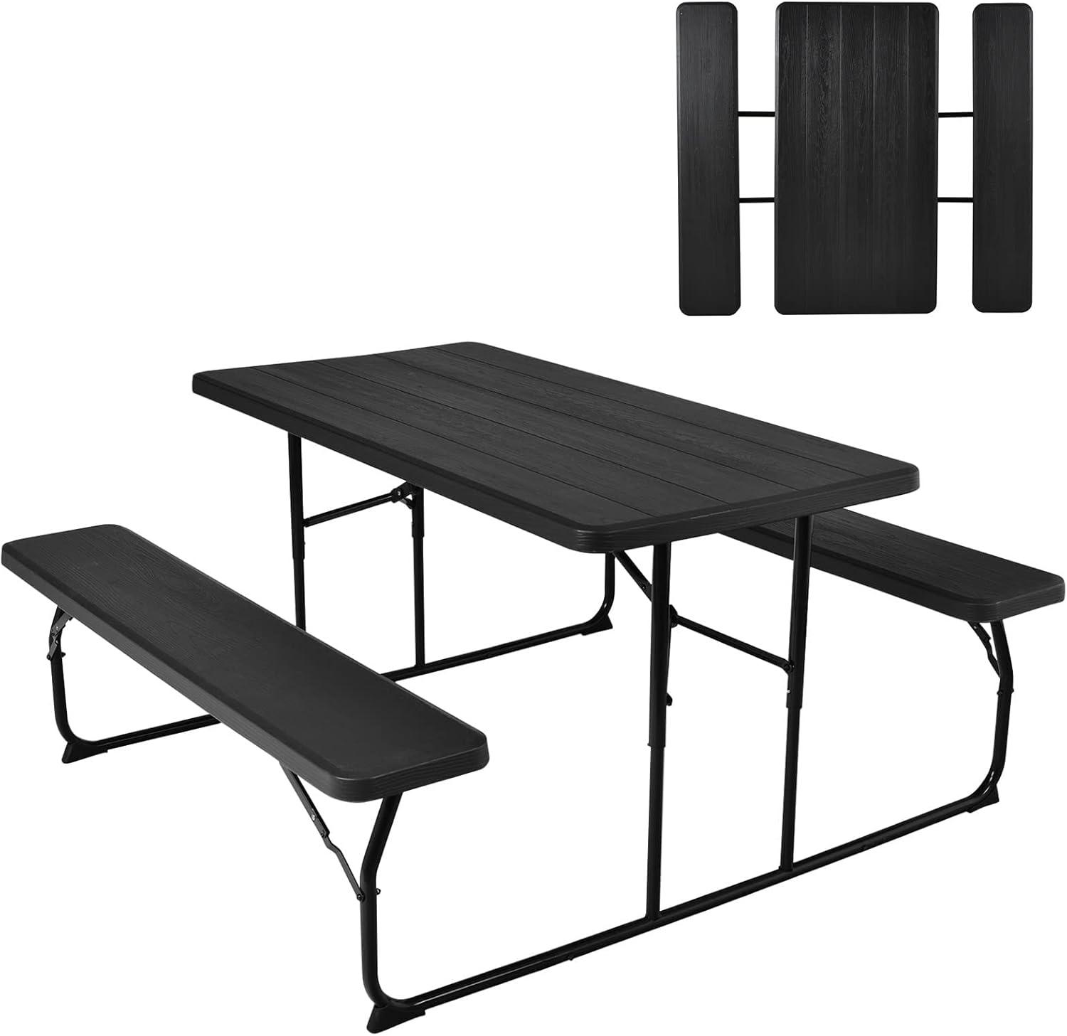 Resenkos Indoor and Outdoor Folding Picnic Table Bench Set with Wood-like Texture-Black for Patio Back Deck, Balcany, Poolside