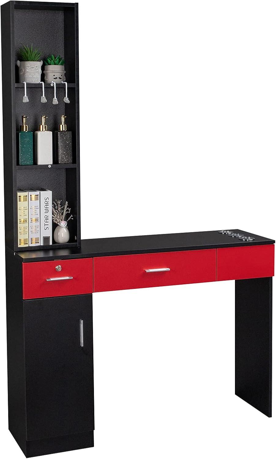 Inbox Zero Black Red Wall Mount Barber Station With 2 Drawers 1 Storage Cabinet 3 Open Shelves With Mirror