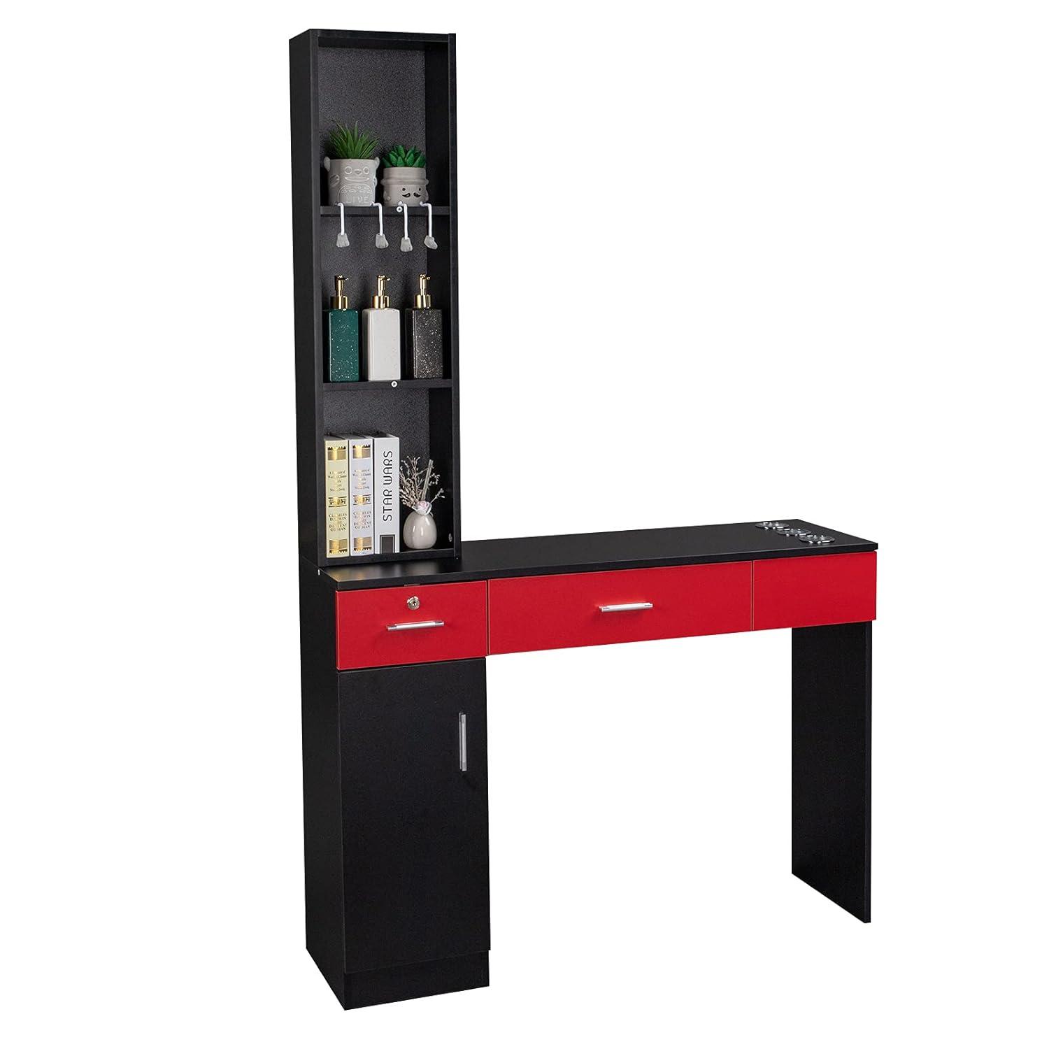 Inbox Zero Black Red Wall Mount Barber Station With 2 Drawers 1 Storage Cabinet 3 Open Shelves With Mirror