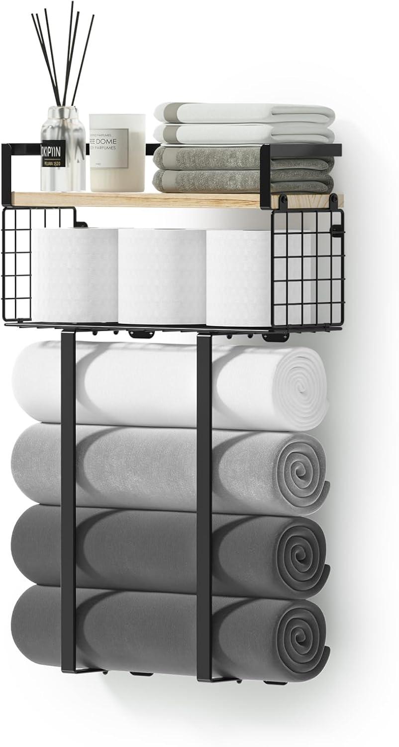 Towel Racks For Bathroom, Metal Towel Holder With Storage Basket,Wall Towel Rack For Rolled Towels, Towel Storage For Small Bathroom,Bathroom Shelves