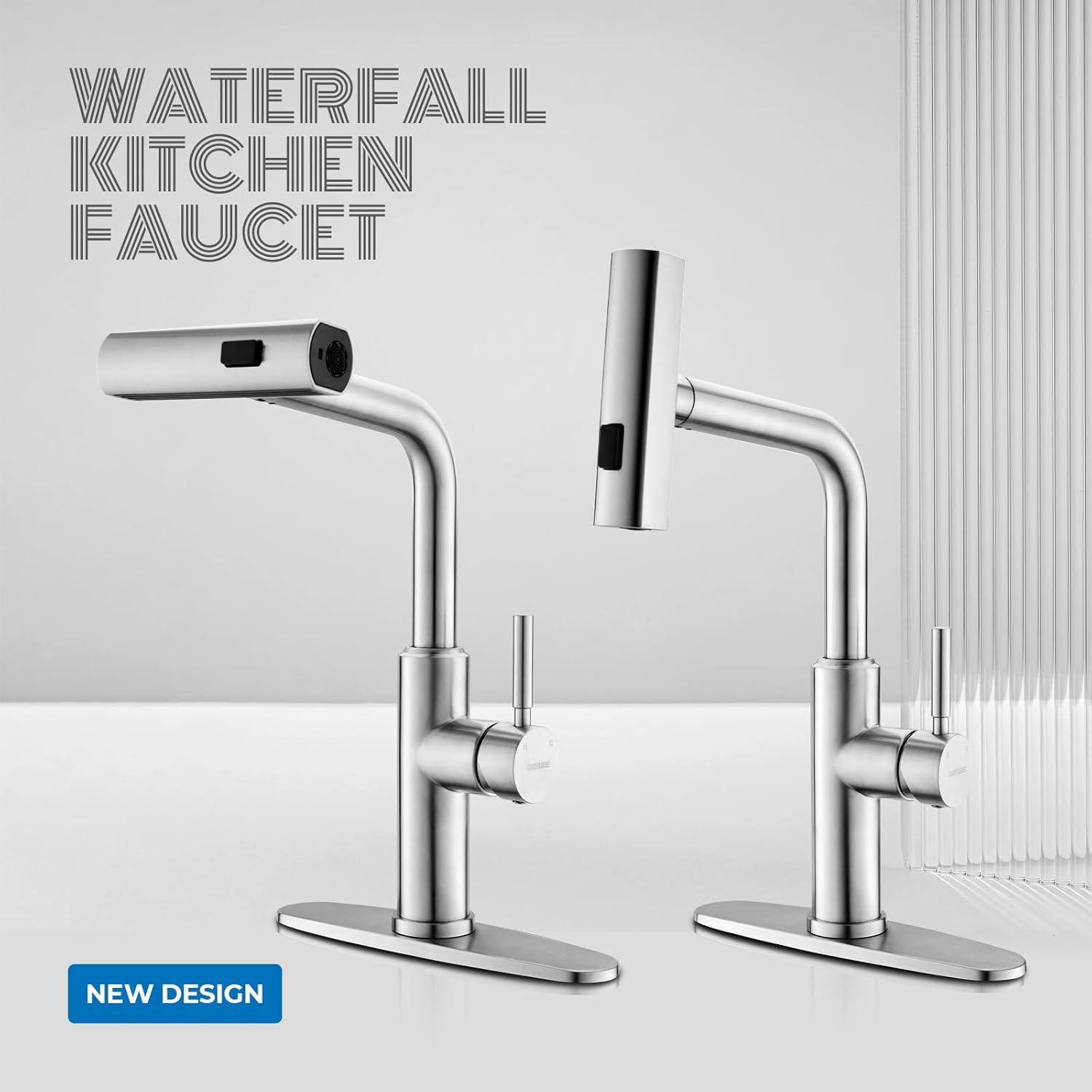 Luxury Waterfall Kitchen Faucet - Brushed Nickel Single Hole Sink Faucet with 3-Mode Pull-Out Sprayer, 360° Swivel, SUS304 Stainless Steel, High Arc, Easy Installation, Durable and Corrosion-Resistant