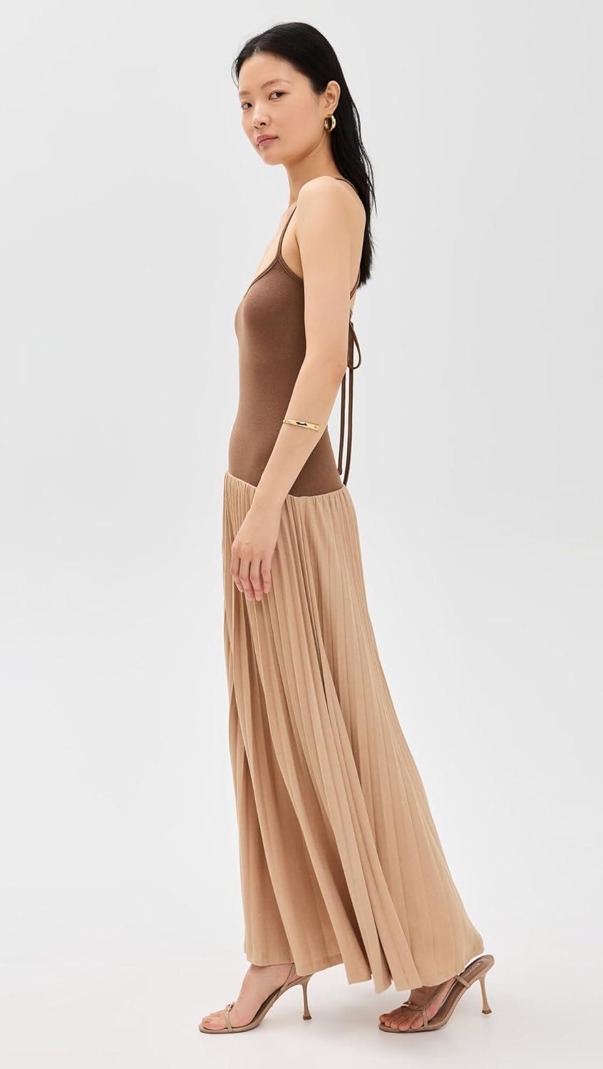 Chocolate Brown Sleeveless Maxi Dress with Pleated Skirt