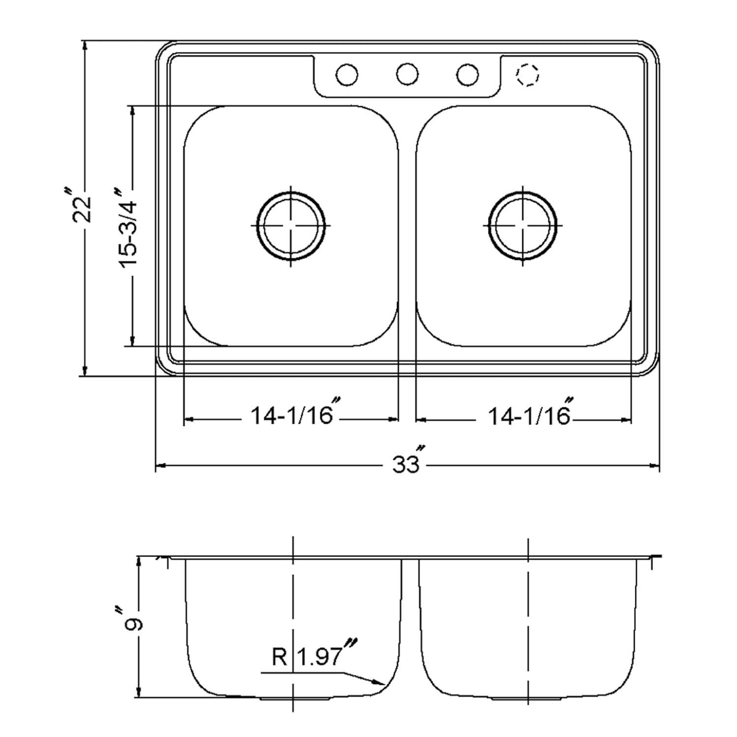 Glowtone 33'' L Drop-In Double Bowl Stainless Steel Kitchen Sink