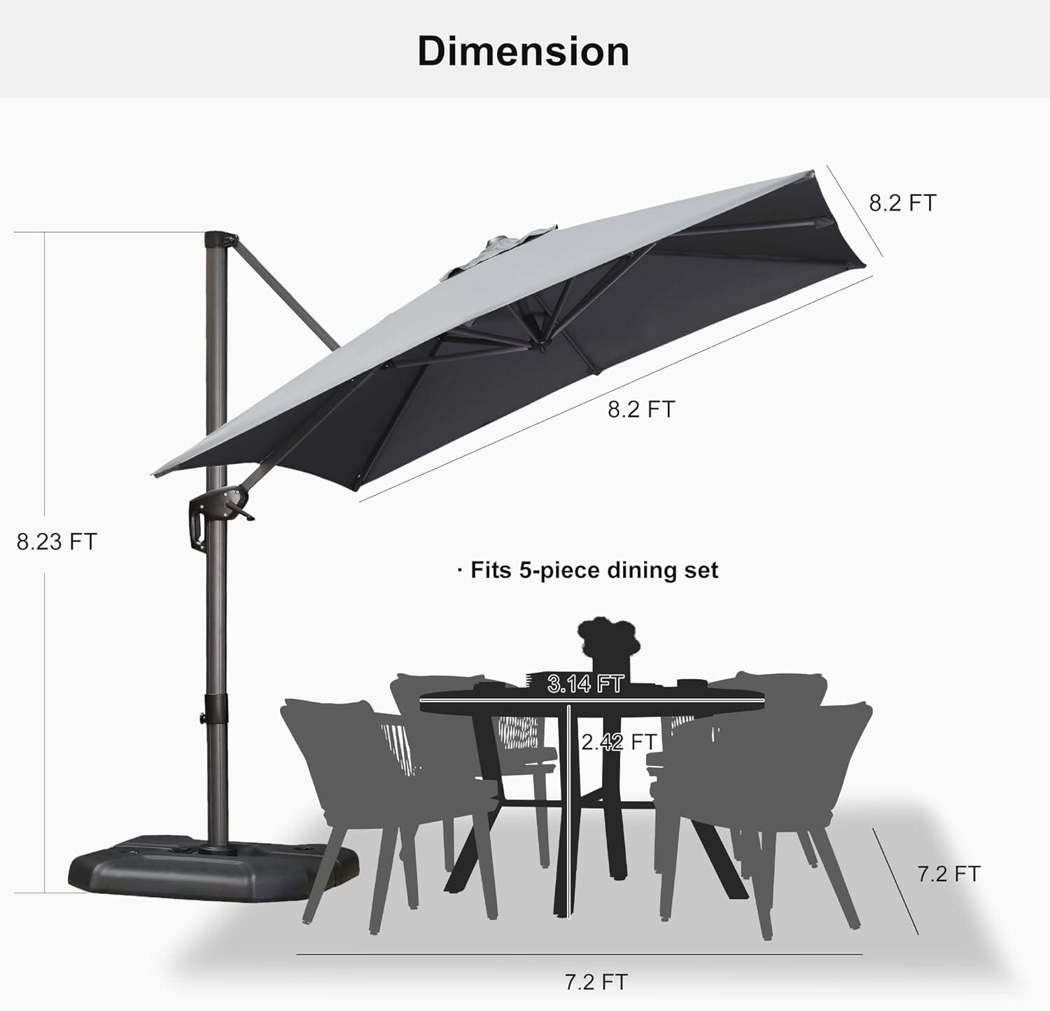 PURPLE LEAF 8 Feet Patio Umbrella Outdoor Cantilever Square Umbrella Aluminum Offset Umbrella with 360-degree Rotation for Garden Deck Pool Patio, Light Grey