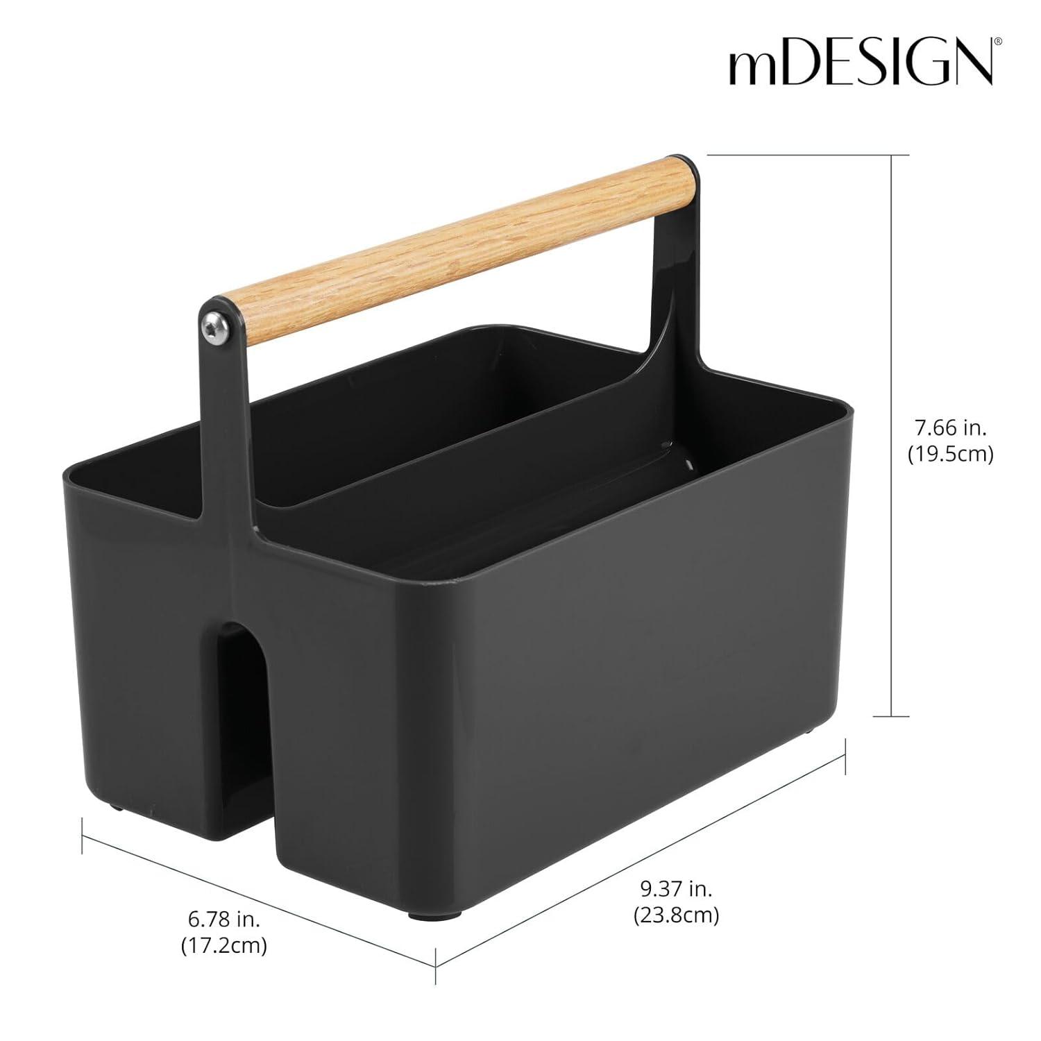 mDesign Plastic Portable Shower Caddy Divided Basket Bin Storage Organizer with Bamboo Handle for Bathroom, Dorm, Shelf & Cabinet Holds Shampoo, Conditioner - Aura Collection, Black/Natural