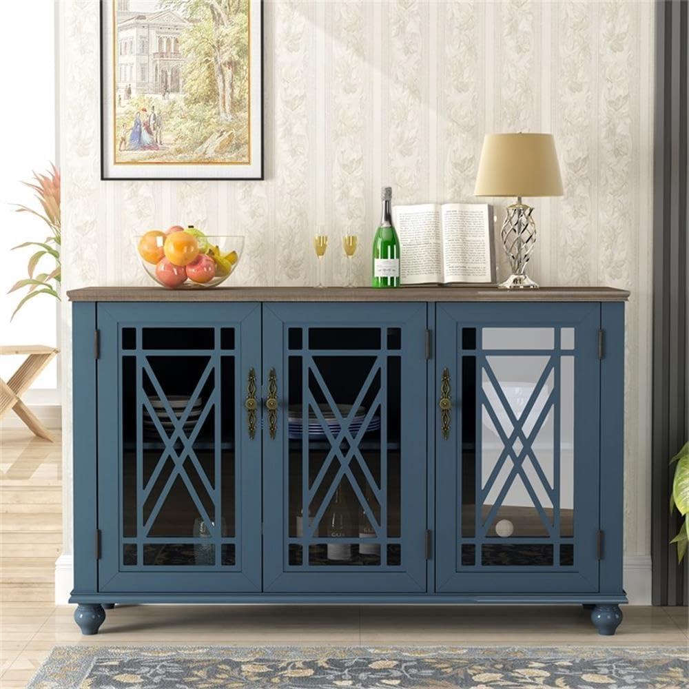 Navy Vintage Style Wood Buffet Sideboard Cabinet with Glass Doors