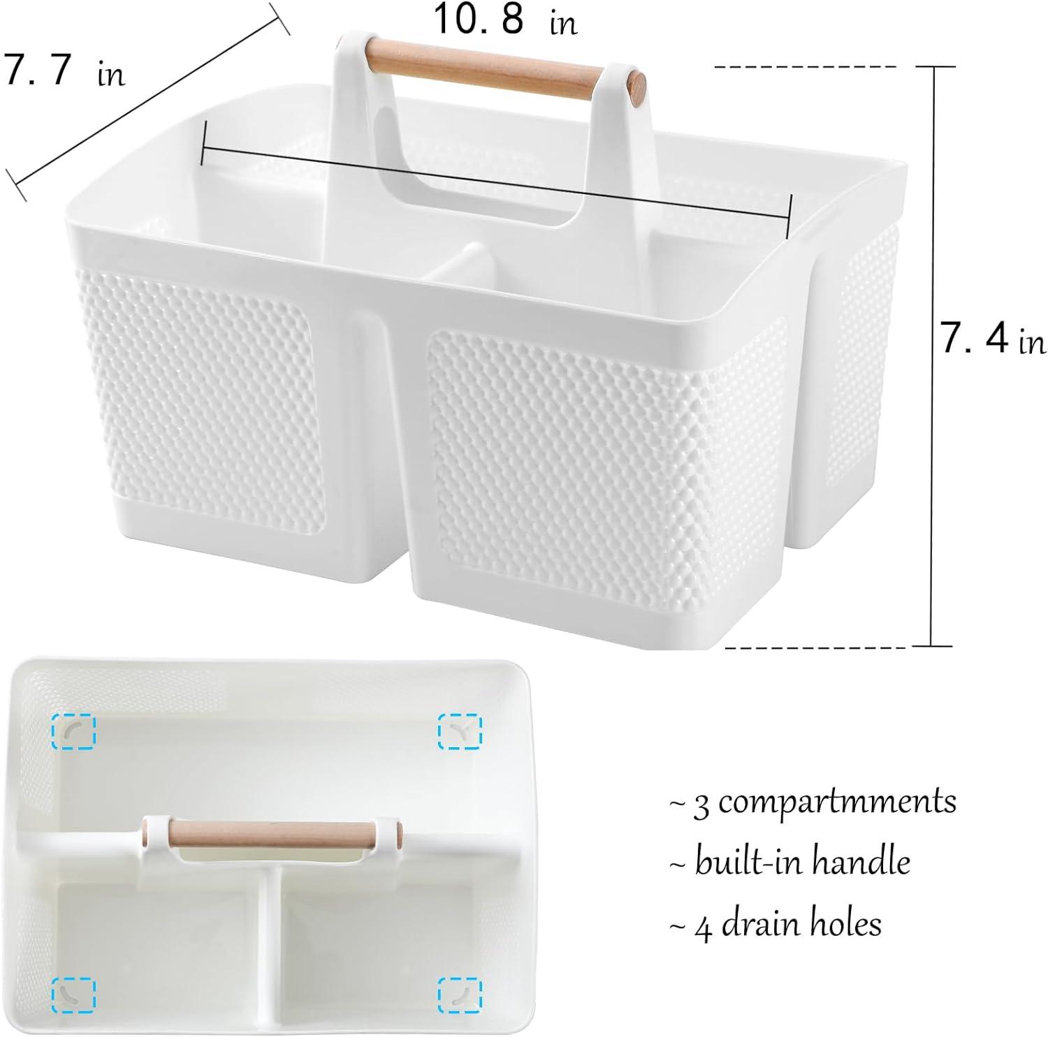 White Plastic Portable Shower Caddy with Wooden Handle