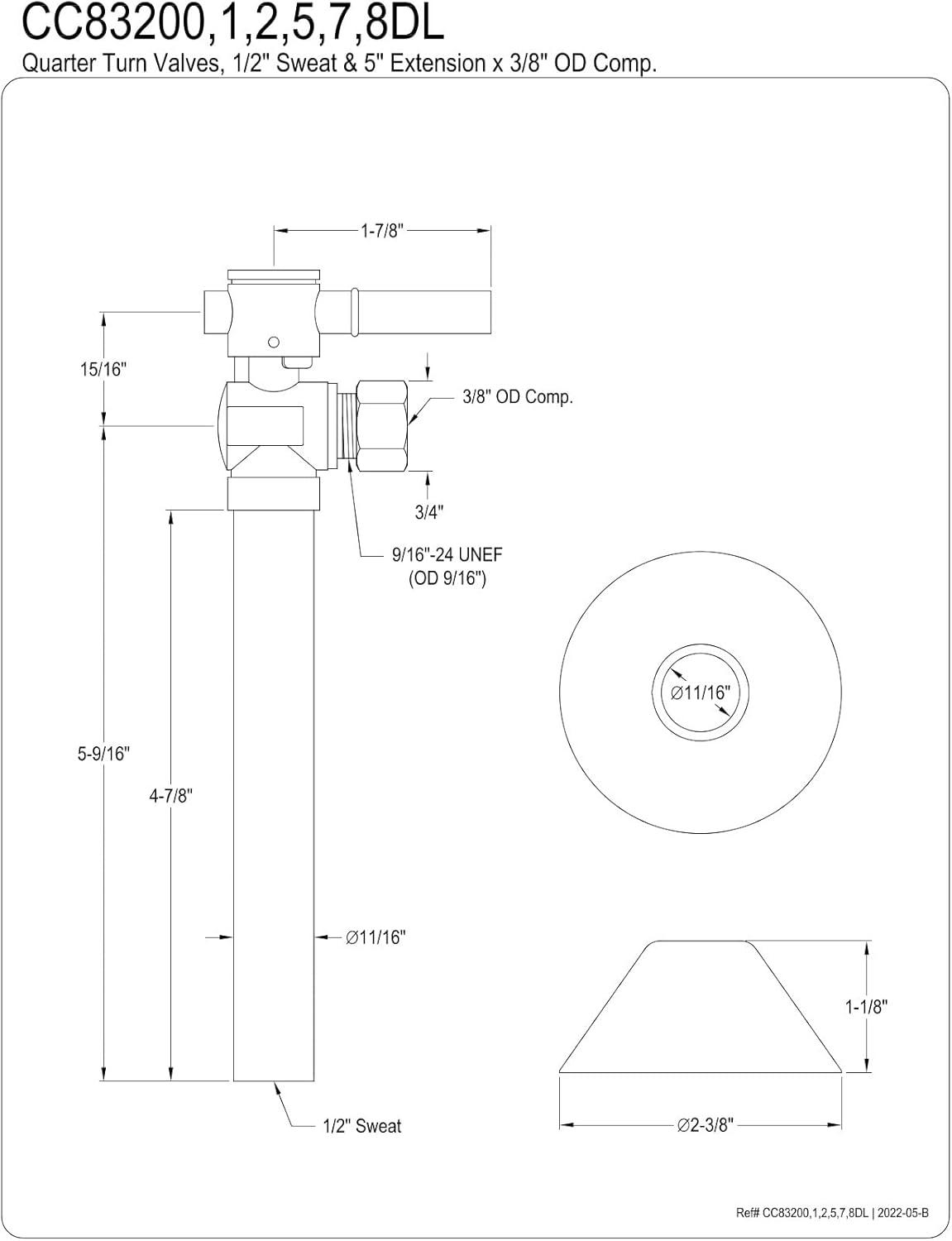 Kingston Brass Vintage 1/2-Inch Sweat x 3/8-Inch OD Comp Quarter-Turn Angle Stop Valve with 5-Inch Extension