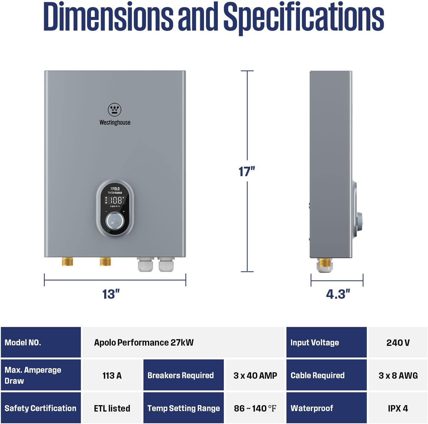 Westinghouse Apolo Performance 27 kW 6.3 GPM 240-Volt Smart WiFi Control Tankless Electric Water Heater