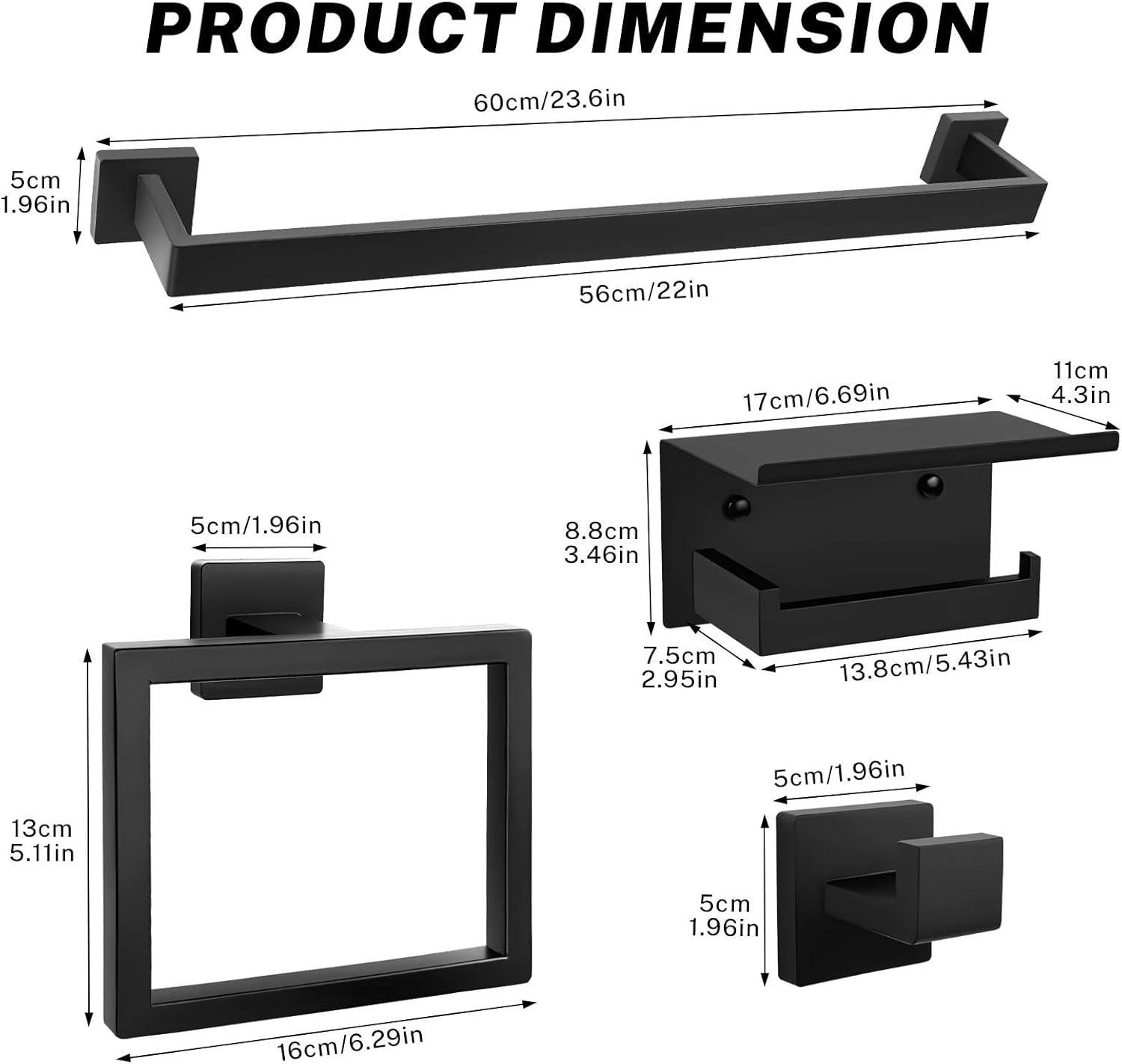 Black Towel Bar Set 5-Piece Bathroom Hardware Set,Square SUS304 Stainless Steel - 23.6 Inch Wall Mounted Towel Rack,Toilet Paper Holder,Towel Ring and Towel Hook