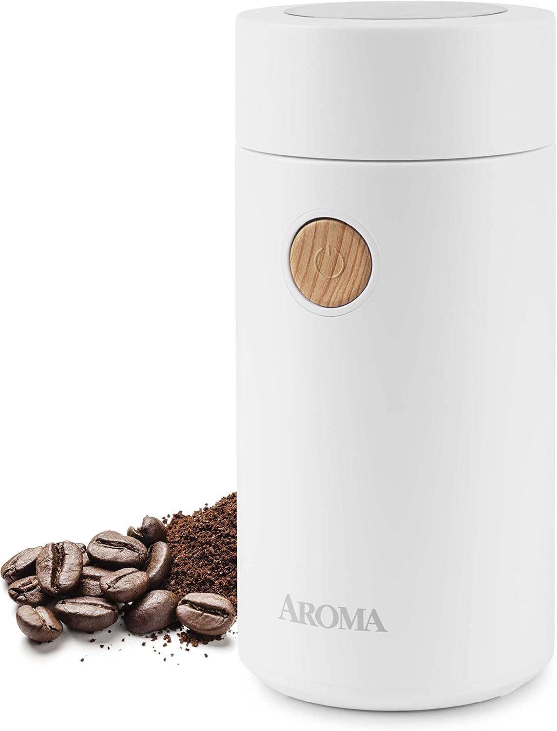 Compact White Electric Coffee Grinder with Wood Button