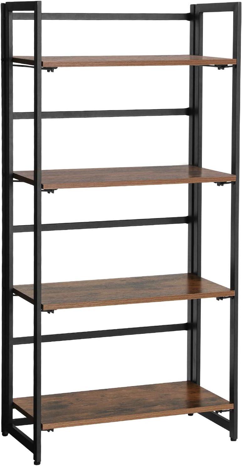 Vasagle Industrial Bookshelf Folding Bookcase 4-Tier Ladder Shelf Wood Look Accent Furniture with Metal Frame for Home Office Sturdy and Stable Rustic Brown