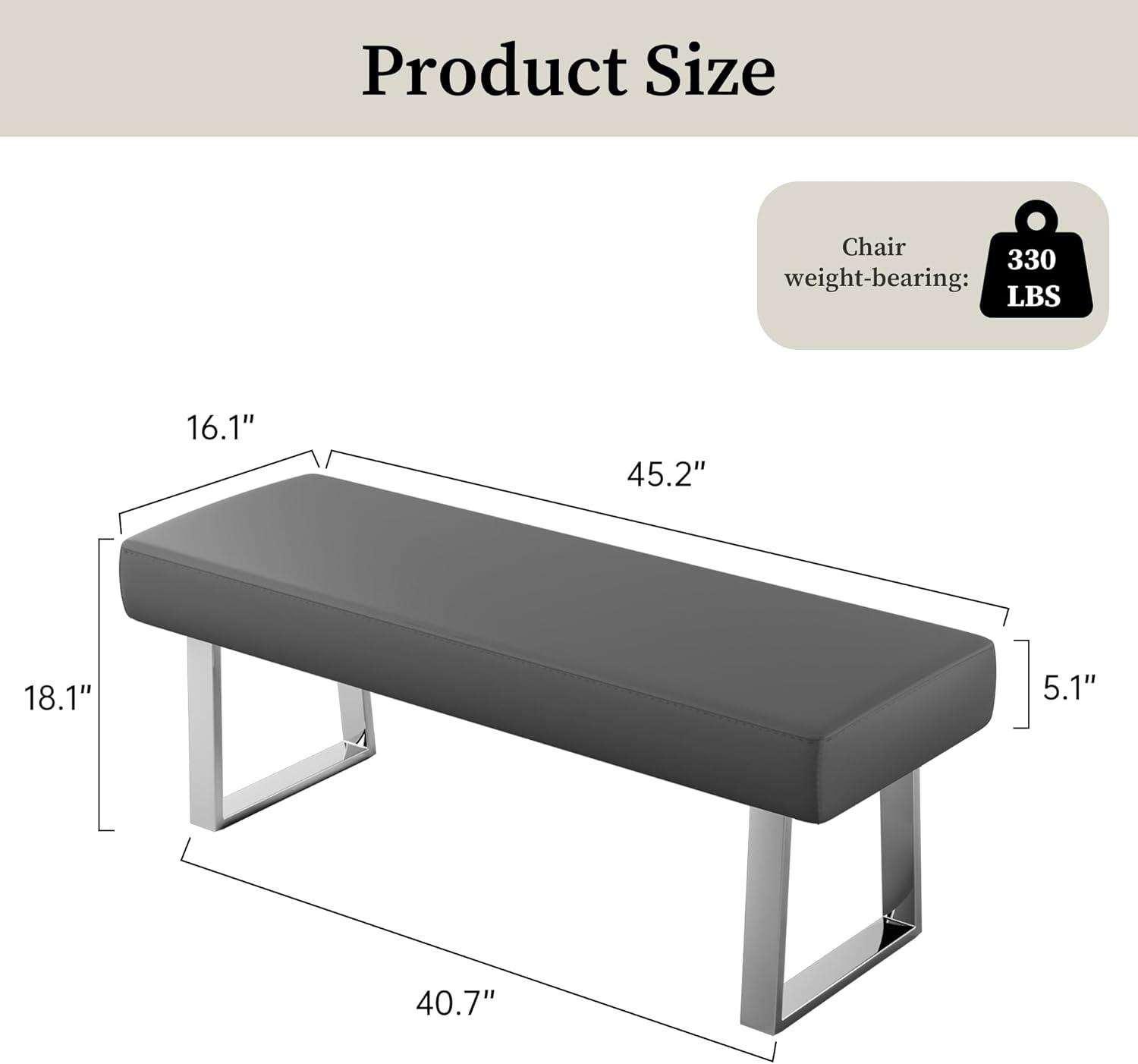 Gray Faux Leather Bedroom Bench with Chrome Metal Legs