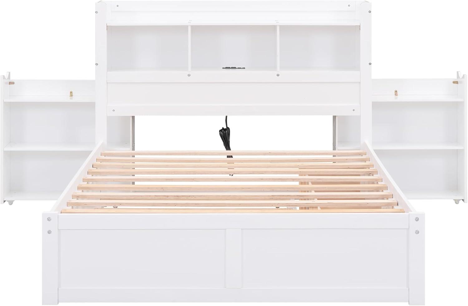 White Full Platform Bed with Storage Headboard and Trundle