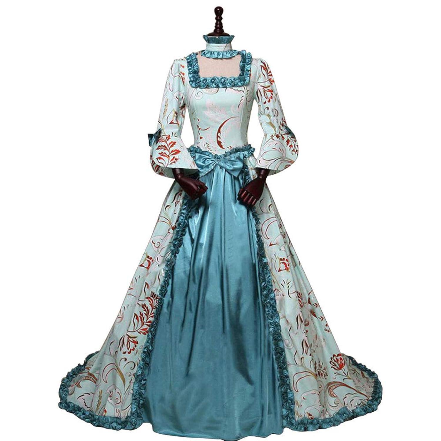 Womens Dresses Gothic Gowns Floral Print Long Flared Sleeve Patchwork Party Court Princess Dress