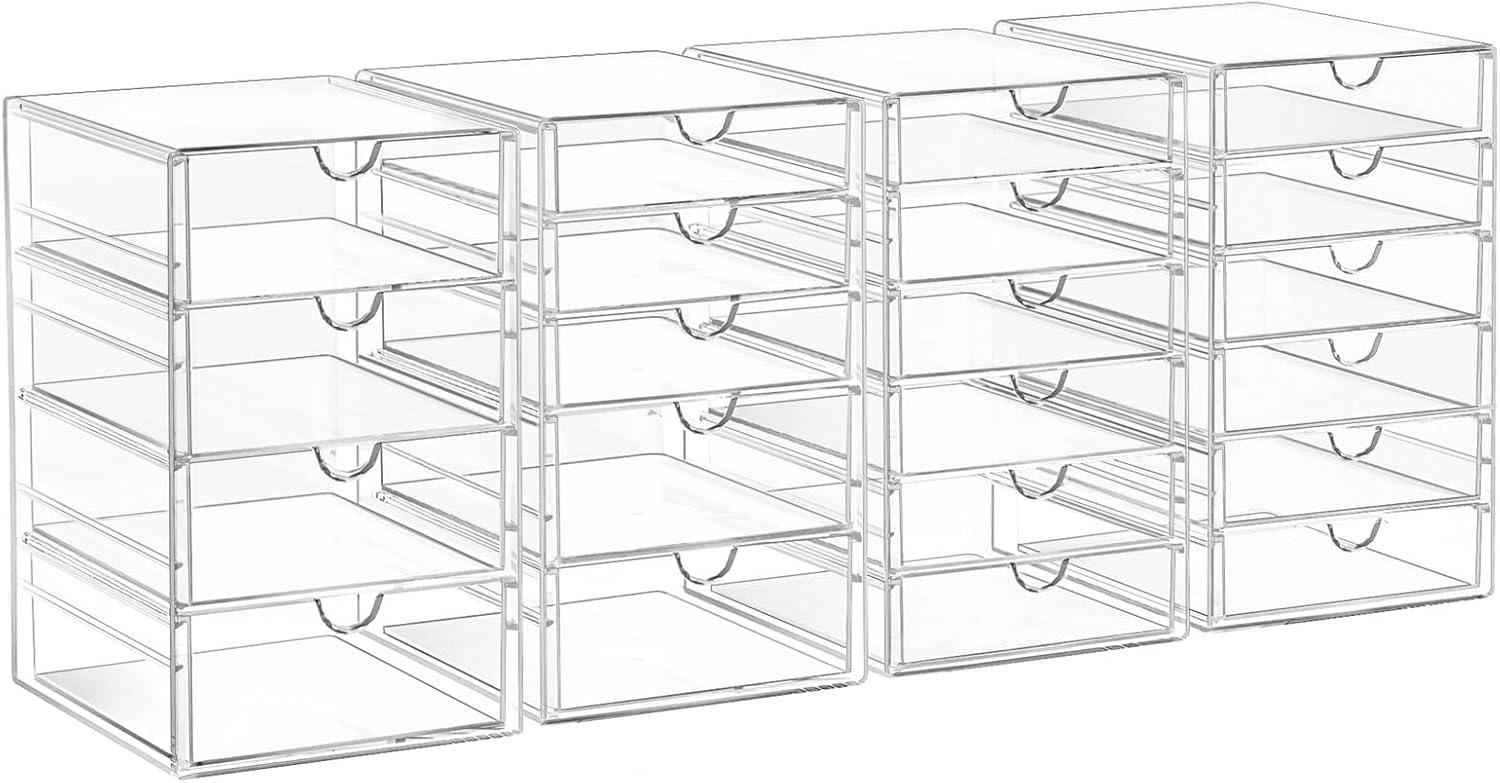 Rebrilliant Acrylic Drawer Organizers - 21 Drawers 4 Set - Clear Storage Drawers For Office Supplies - Stackable Makeup Organizer - Dustproof Desk Organizers For Makeup, Jewelry, Pen, Stationary