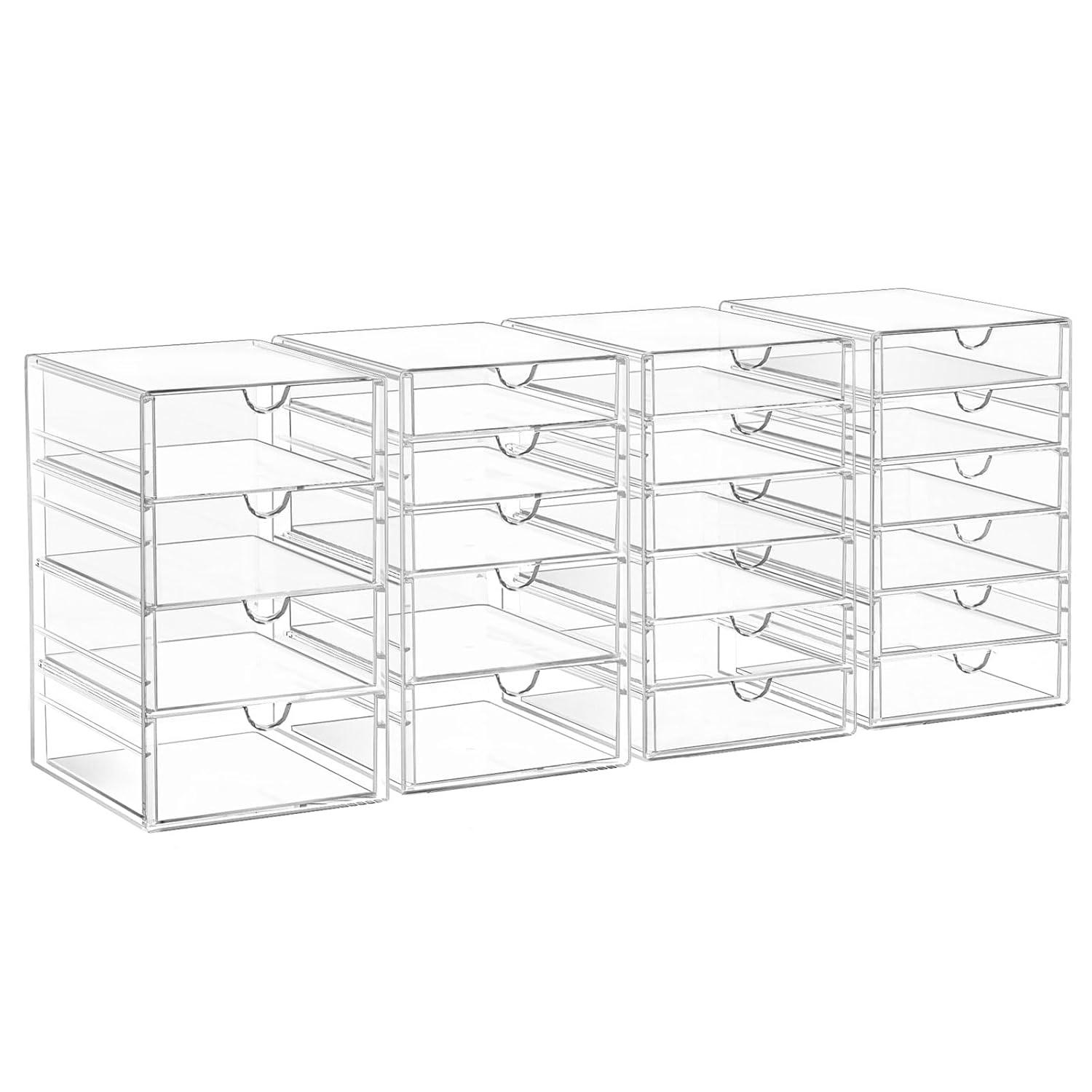 Rebrilliant Acrylic Drawer Organizers - 21 Drawers 4 Set - Clear Storage Drawers For Office Supplies - Stackable Makeup Organizer - Dustproof Desk Organizers For Makeup, Jewelry, Pen, Stationary