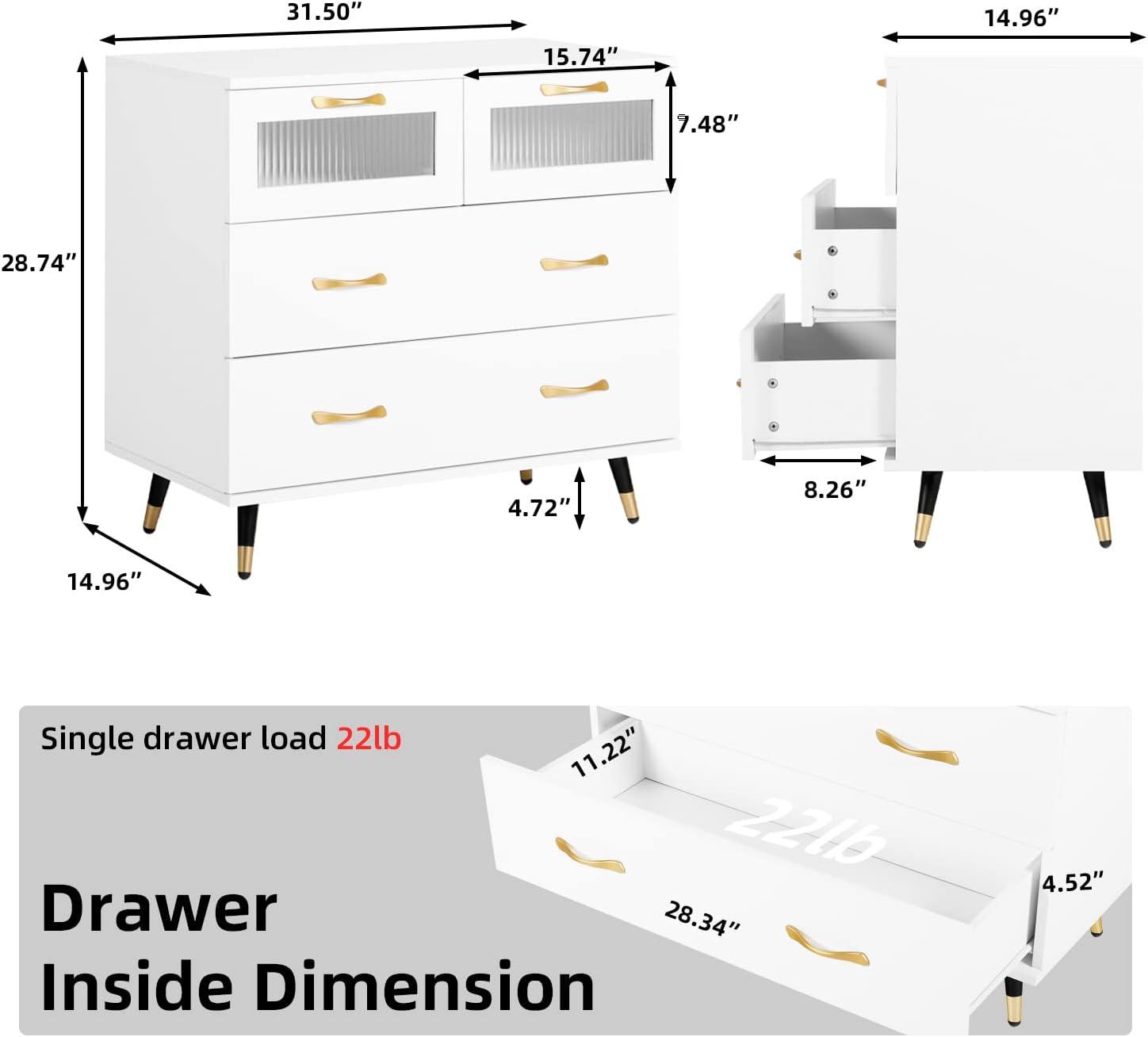 Small White Modern Dresser with Gold Handles and Glass Panels