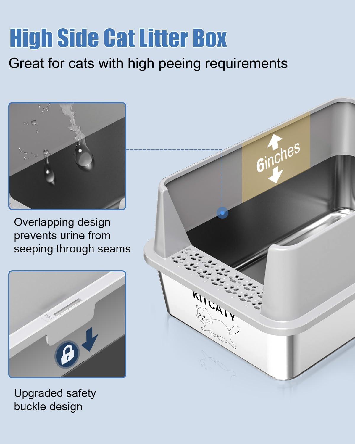 Enclosed Stainless Steel Cat Litter Box with Lid Extra Large Litter Box for Big Cats XL Metal Litter Pan Tray with High Wall Sides Enclosure, Non-Sticky, Anti-Leakage, Easy Cleaning