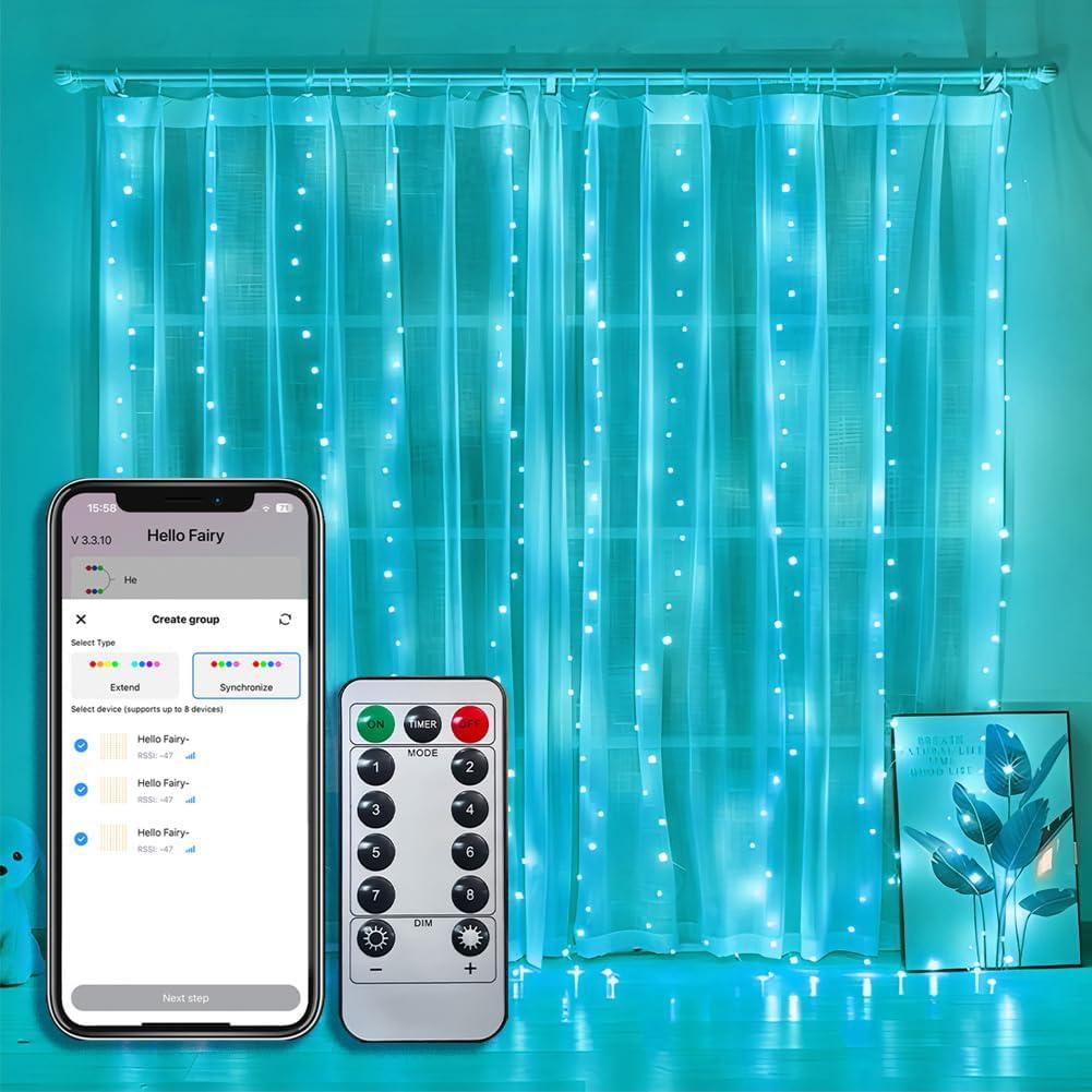 Curtain Lights Indoor 300LED 9.8ftx9.8ft, Outdoor Waterproof Curtain String Lights with Hook Remote Timer 8 Modes, USB Powered Waterfall Window Lights for Wall Backdrop Home Decorations