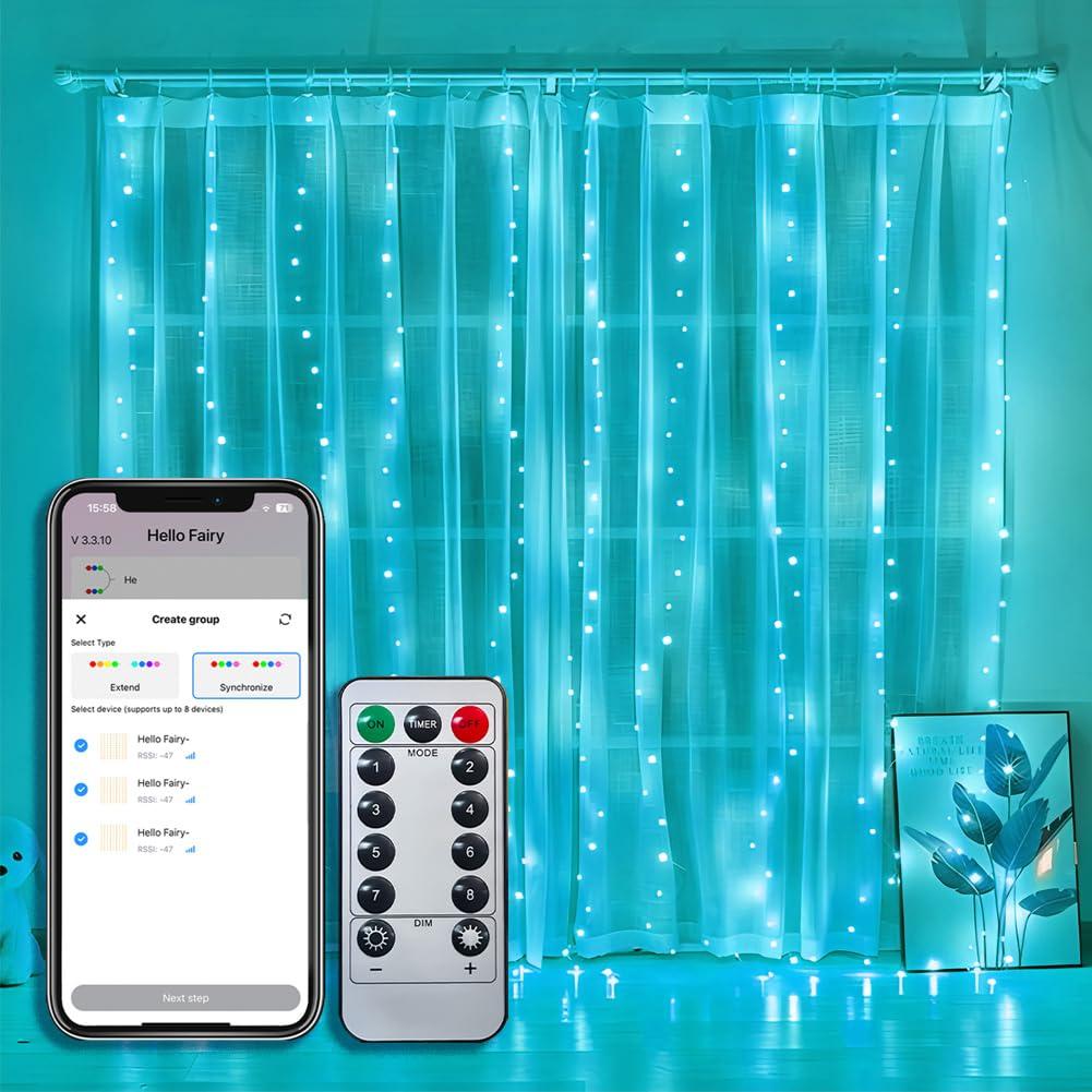 Curtain Lights Indoor 300LED 9.8ftx9.8ft, Outdoor Waterproof Curtain String Lights with Hook Remote Timer 8 Modes, USB Powered Waterfall Window Lights for Wall Backdrop Home Decorations