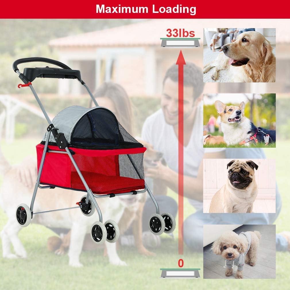 Red Aluminum 4-Wheel Folding Pet Stroller with Cup Holder