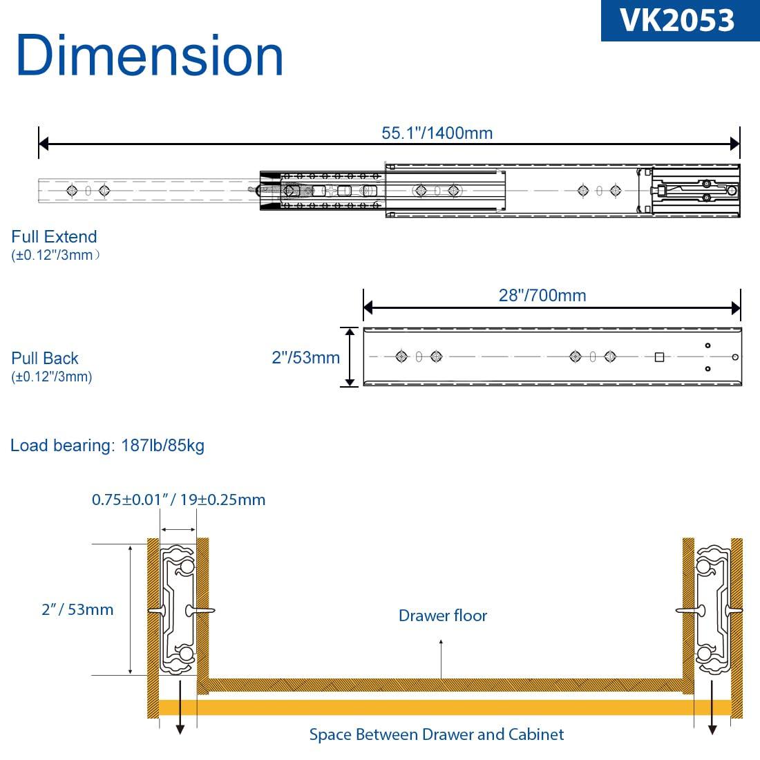 VADANIA VD2053 Heavy Duty Drawer Slides with Lock, 265lb Load Capacity, 28inch/700mm 1 Pairs