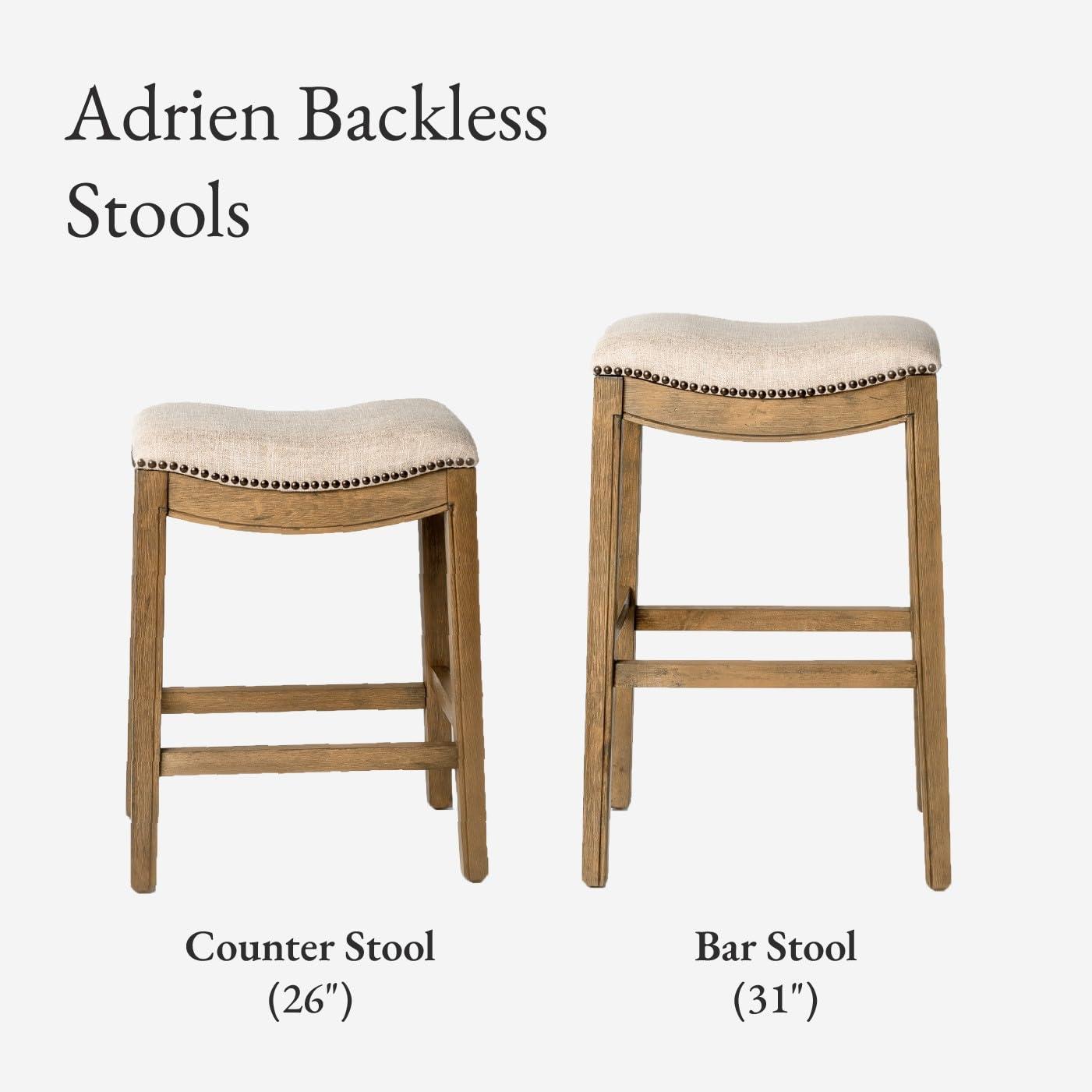 Maven Lane Adrien 26 Inch Counter Height Upholstered Backless Saddle Barstool in Natural Wood Finish with Wheat Cream Fabric Cushion Seat, Set of 3