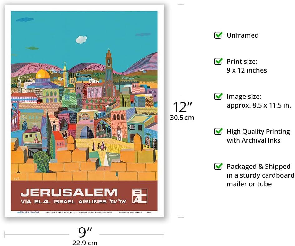 Jerusalem Israel - via El Al Israel Airlines - Vintage Airline Travel Poster by Peri Rosenfeld c.1970s - Master Art Print (Unframed) 9in x 12in