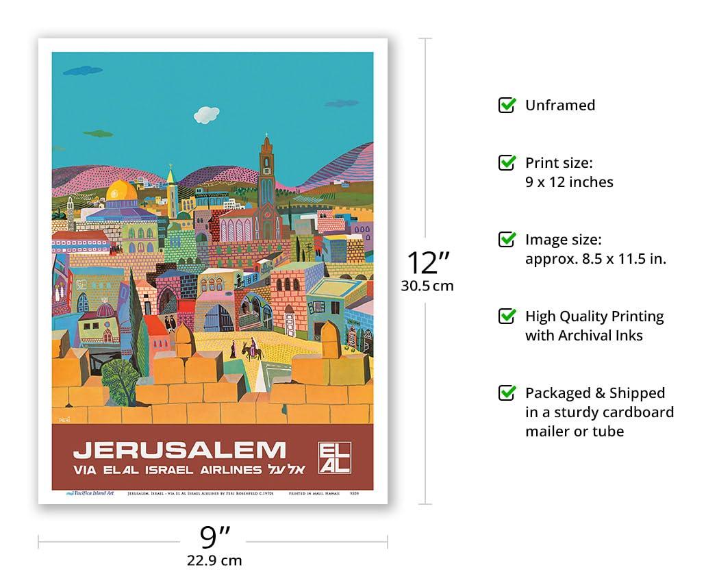 Jerusalem Israel - via El Al Israel Airlines - Vintage Airline Travel Poster by Peri Rosenfeld c.1970s - Master Art Print (Unframed) 9in x 12in
