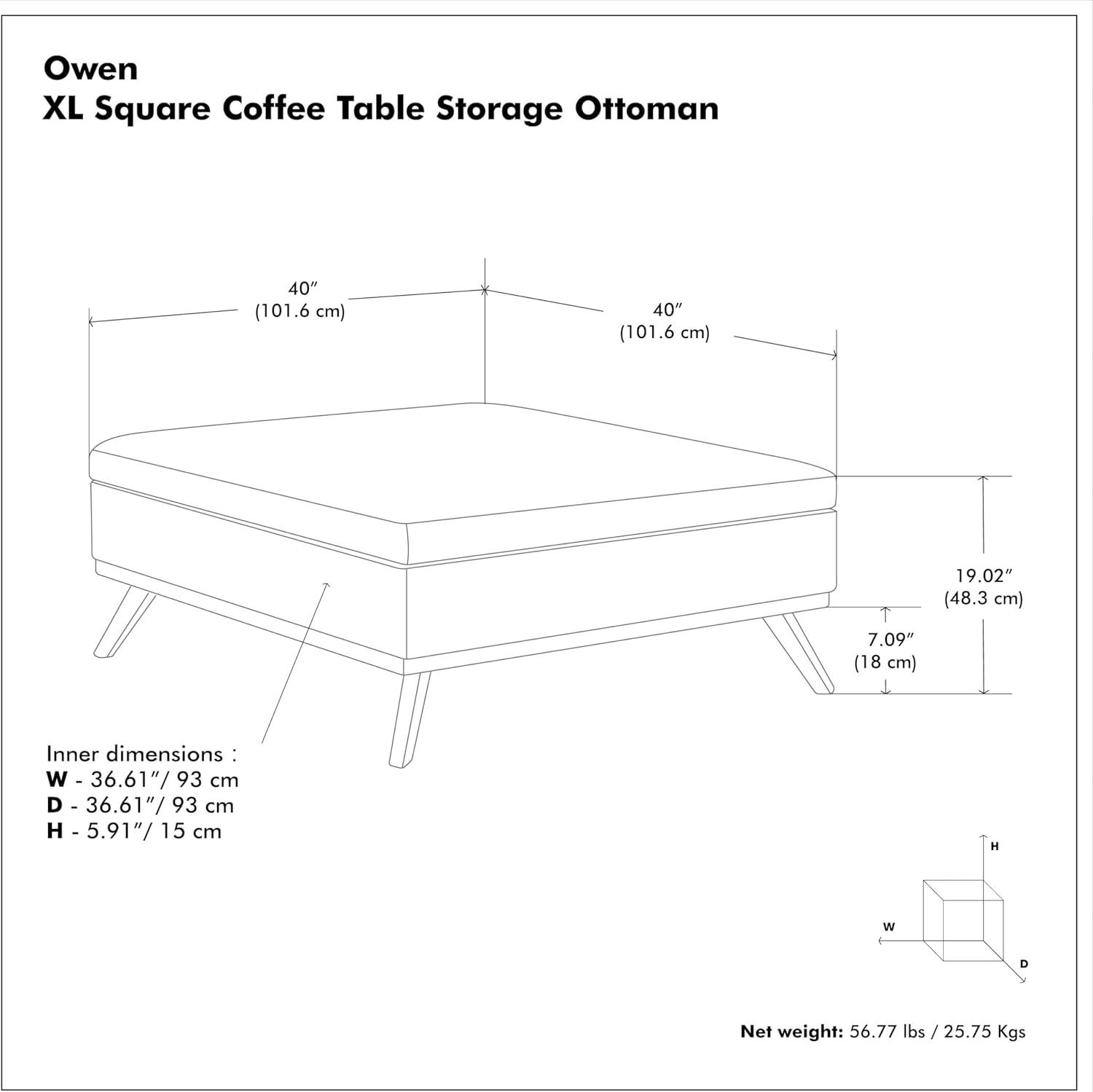 Simpli Home Owen 40"W XL Upholstered Square Coffee Table Storage Ottoman with Lift Top and Solid Wood Legs