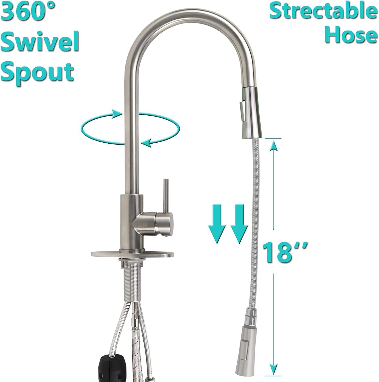 Dawot Brushed Nickel Kitchen Faucet with Pull Down Sprayer Stainless Steel Kitchen Faucets, Modern Pull Out High Arc Single Lever Kitchen Sink Faucet Single Handle Faucet Without Deck Plate