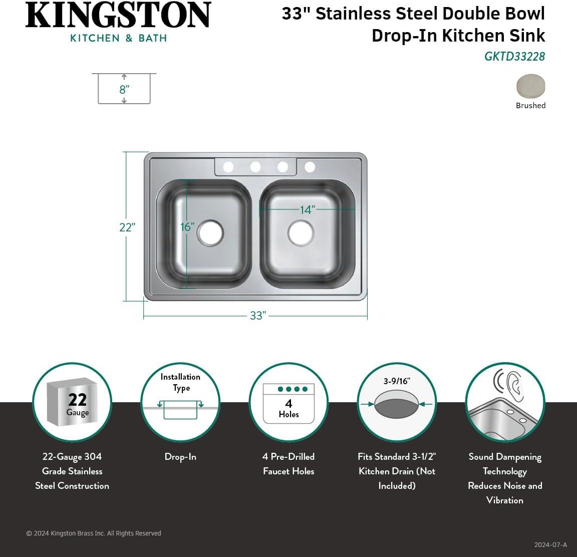 Kingston Brass Studio 33-Inch Stainless Steel Self-Rimming Double Bowl Drop-In Kitchen Sink With 4-Hole Drain And Strainer