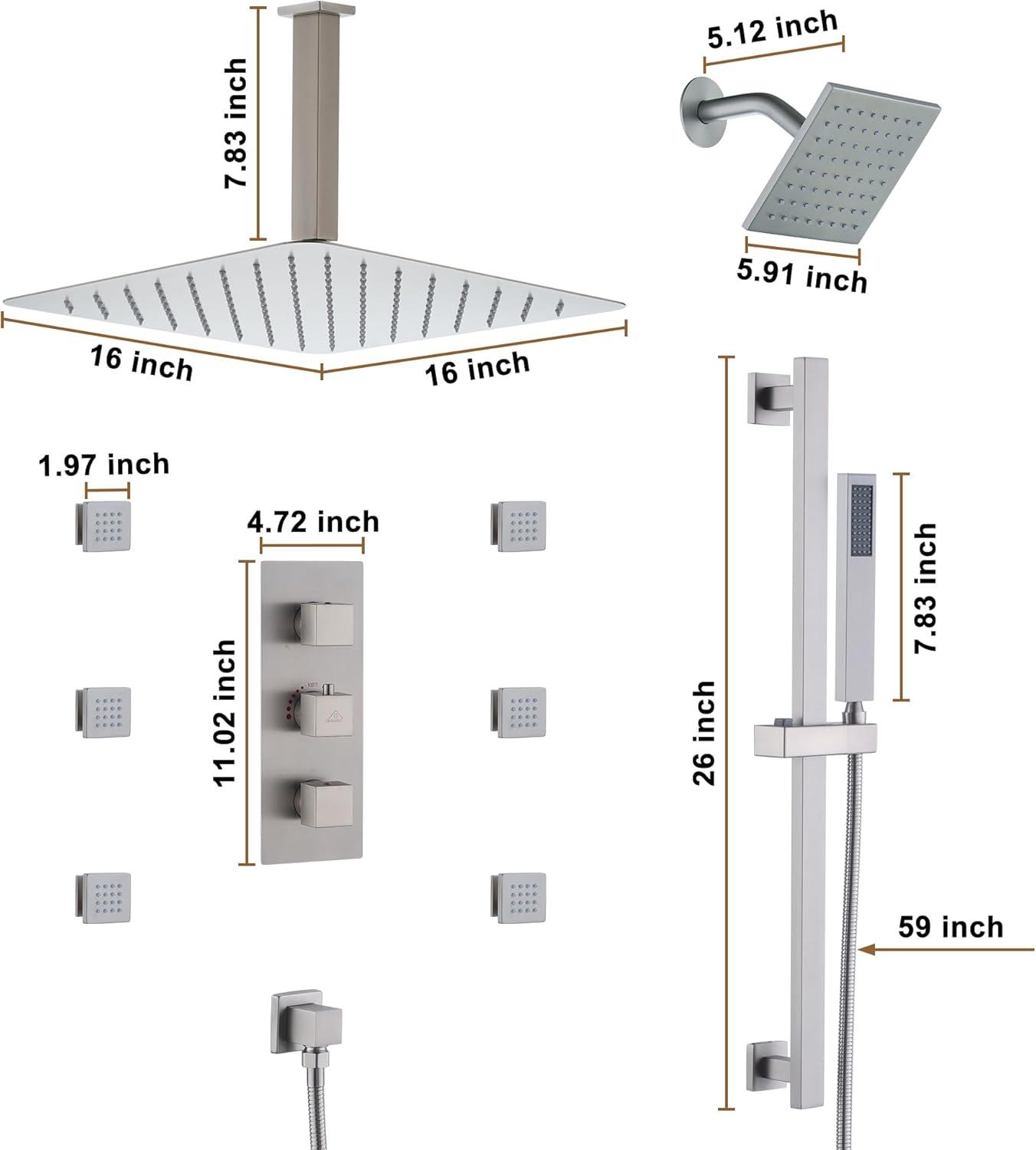 16" Brushed Nickel Ceiling-Mounted Thermostatic Shower System with Body Jets