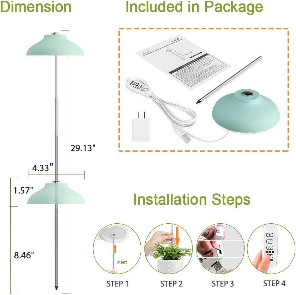 GrowLED Umbrella Plant Grow Light, Height Adjustable, 8/12/16H Automatic Timer, 10-Levels Brightness, 3 Lighting Modes, Neo Mint Green