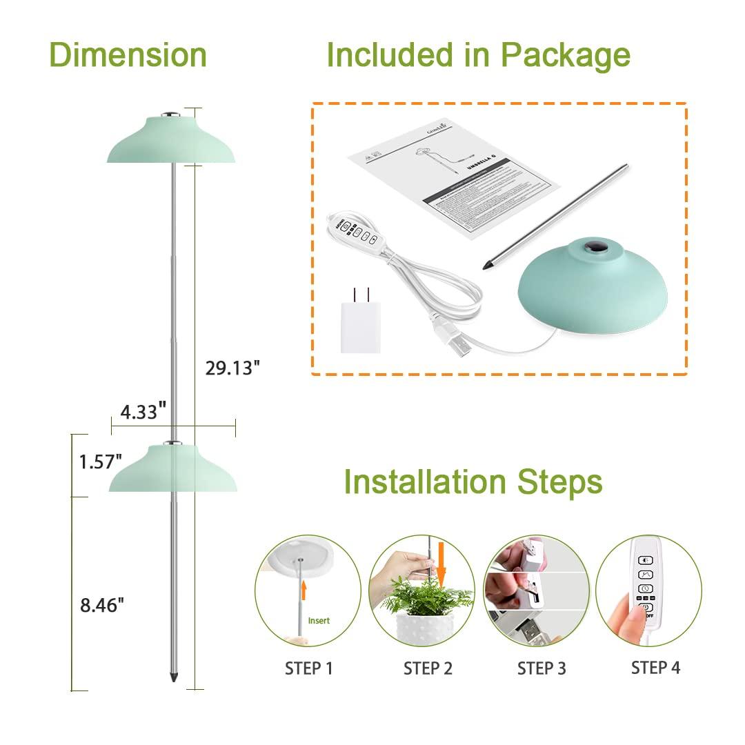 GrowLED Umbrella Plant Grow Light, Height Adjustable, 8/12/16H Automatic Timer, 10-Levels Brightness, 3 Lighting Modes, Neo Mint Green
