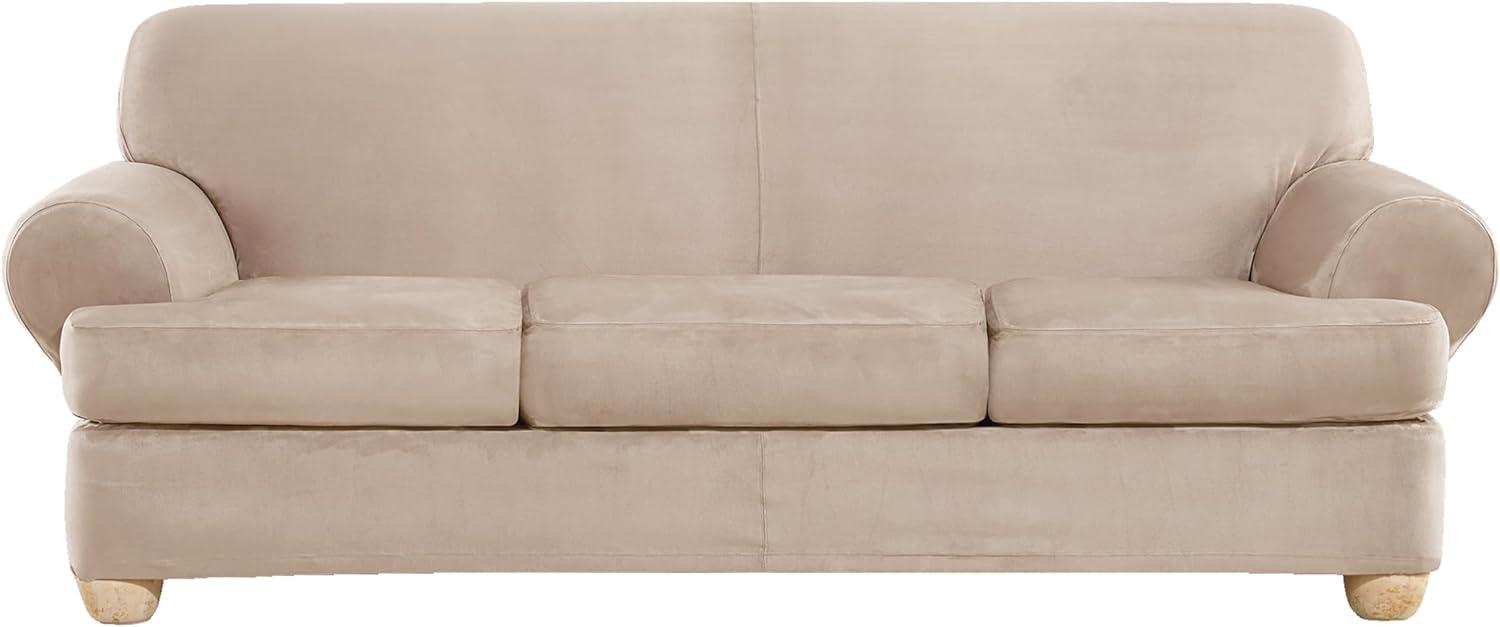 4pc Ultimate Stretch Suede T Cushion Sofa Slipcovers Cement - Sure Fit: Elastic, Zippered, Indoor Use