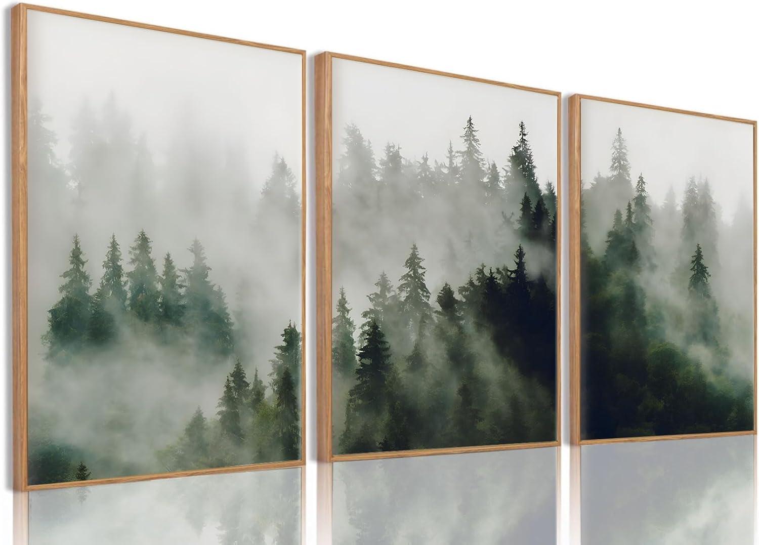 Misty Forest Landscape Green Pine Tree Nature Modern Pictures Framed Canvas 3 Pieces Print Wall Art