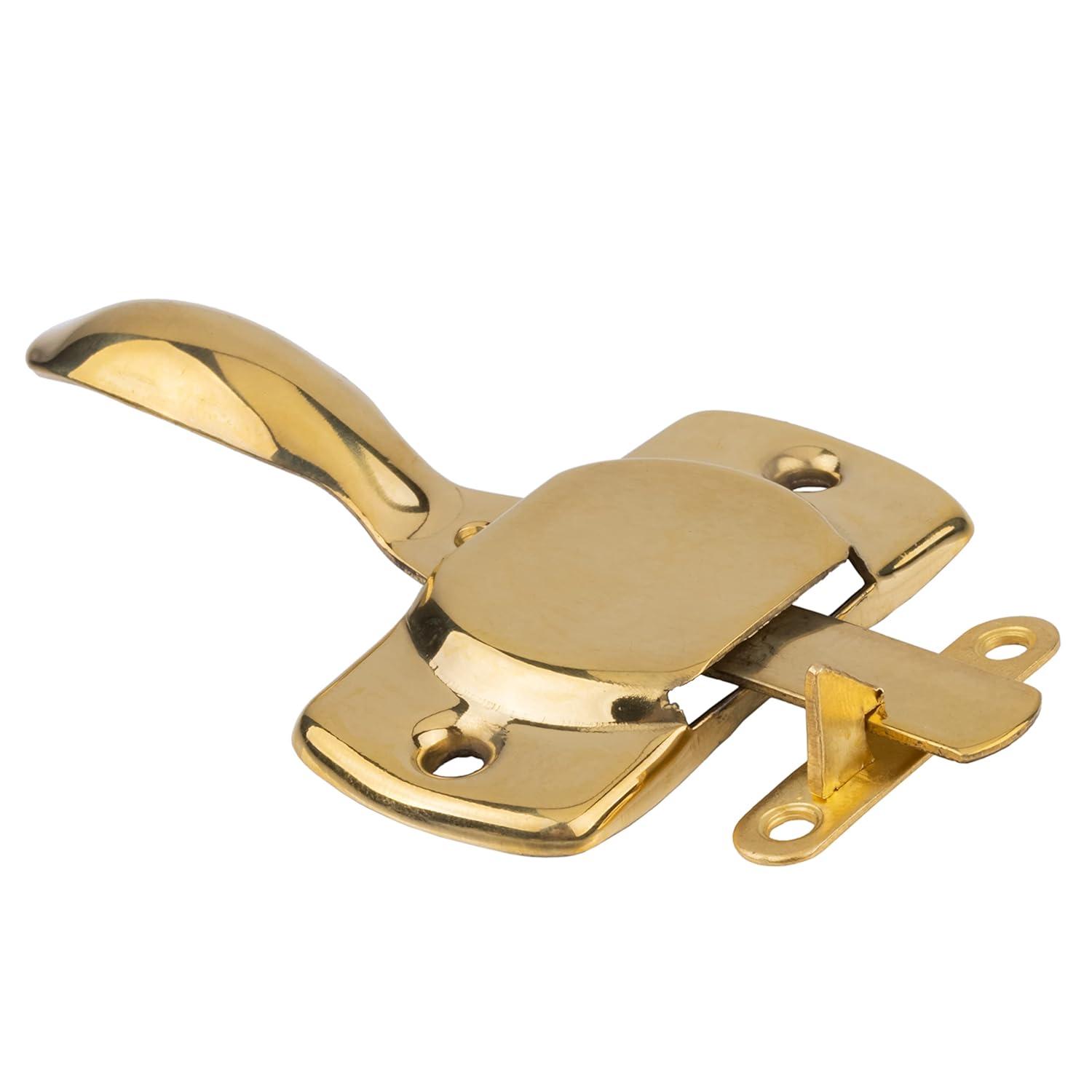 Plain Hoosier Brass Cabinet Door Latch with Offset and Flush Catches | Left Hand or Right Hand Doors Mounting | Antique Cabinet, Vintage Cupboard Reproduction Hardware | UA-114-HLPB