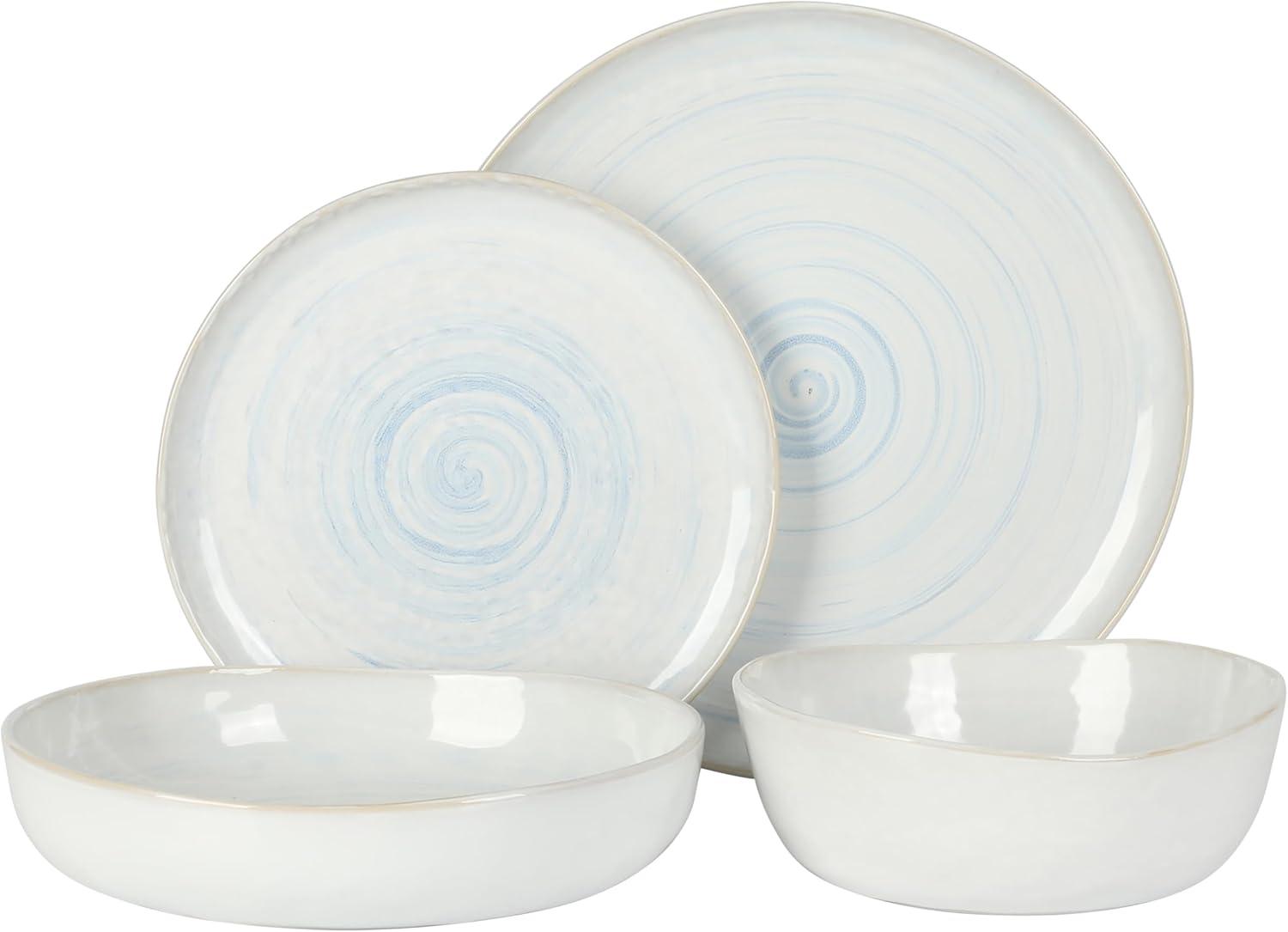 Gibson Elite Auckland Blue Swirl Stoneware Reactive Glaze 16 Piece Plates and Bowls Dinnerware Set