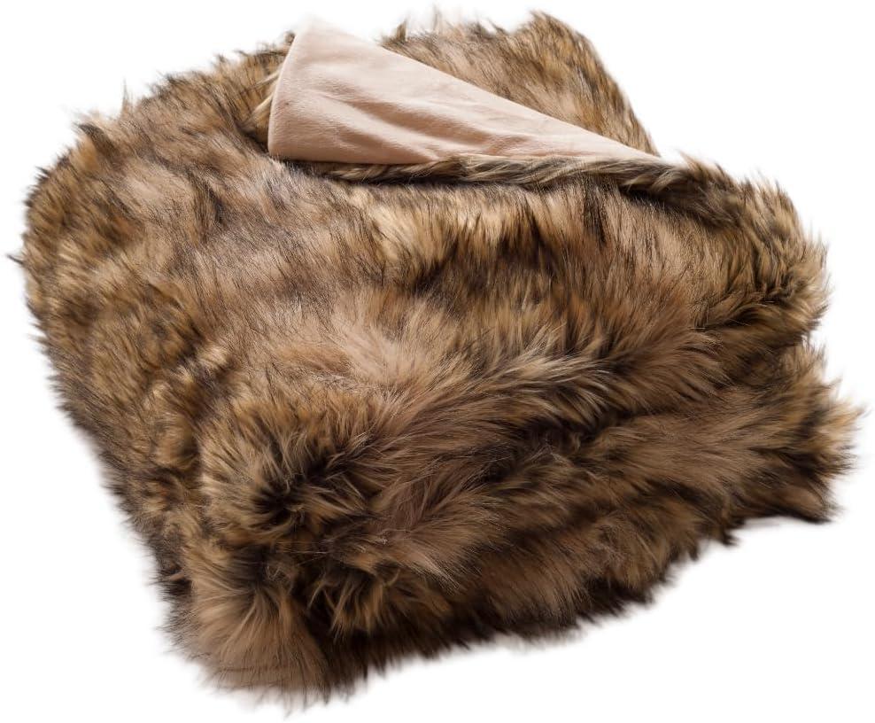 Beige and Brown Faux Fur Machine Washable Throw Blanket