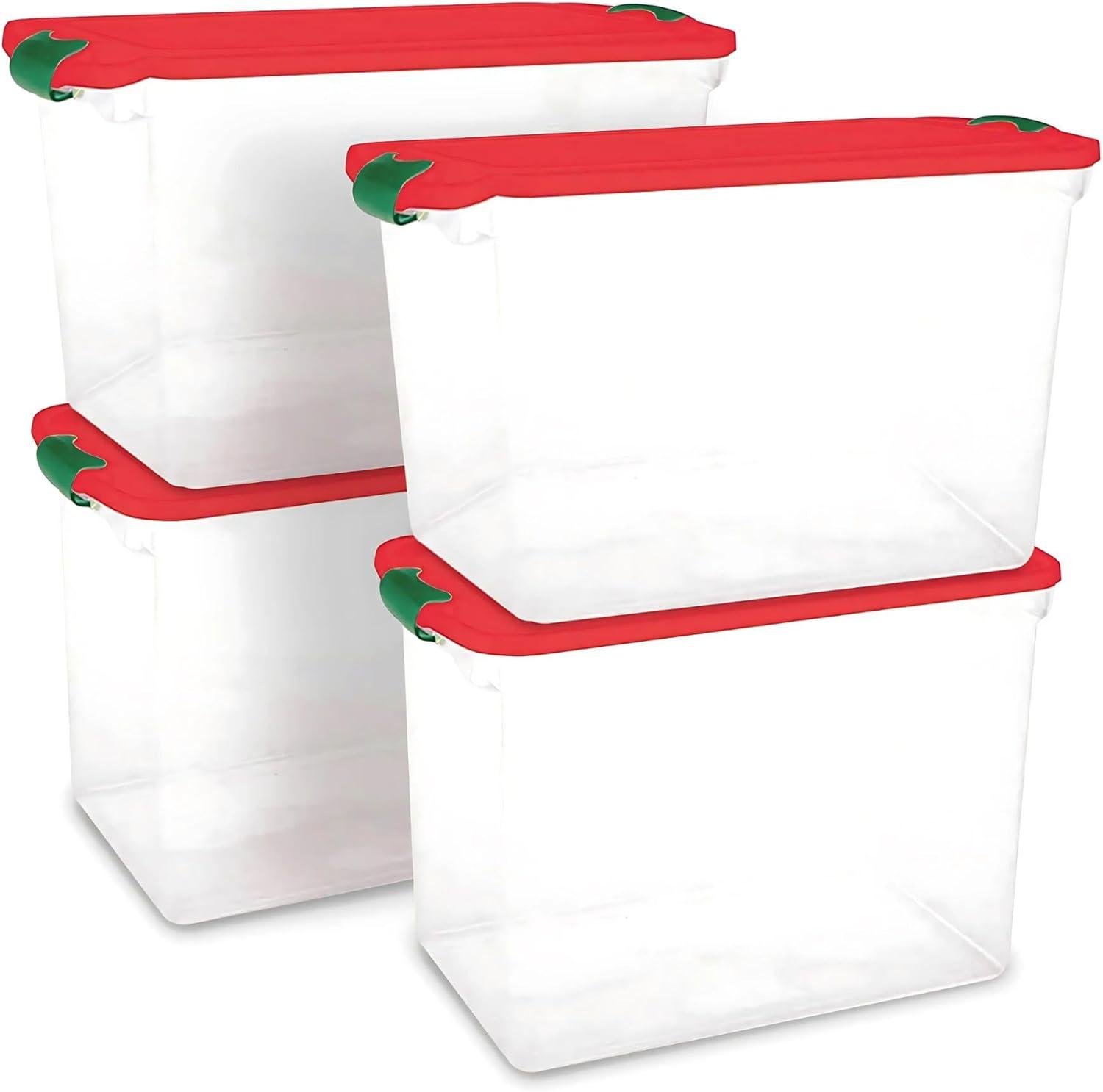 HOMZ 112-Quart Holiday Clear Plastic Ornament Storage, Red/Green, 4 Pack