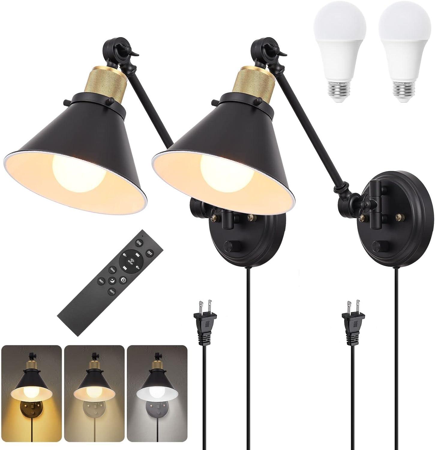 Black and Brass Dimmable Swing Arm Wall Sconce Set