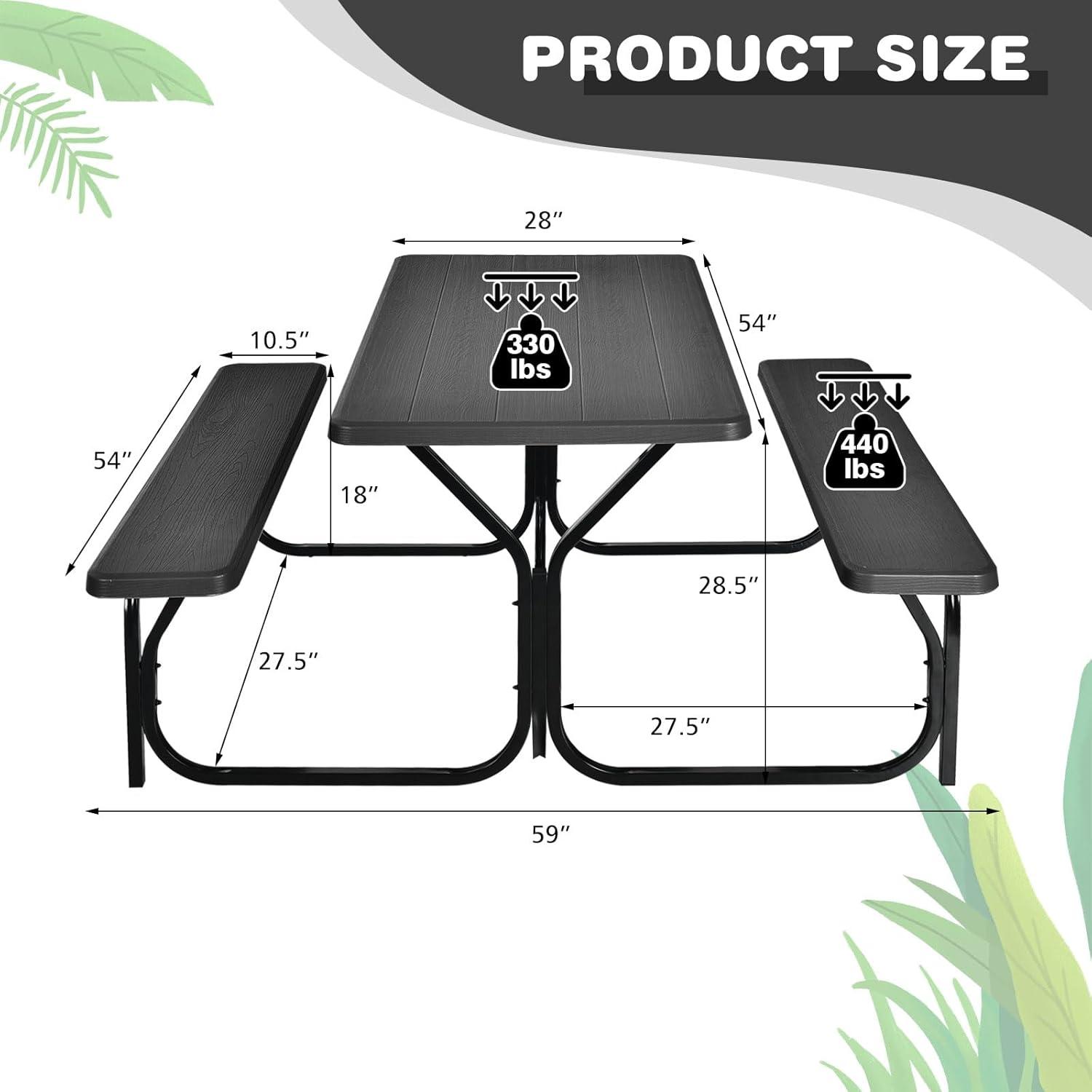 Costway Picnic Table Bench Set Outdoor Backyard Iron Patio Garden Party Dining All Weather Black