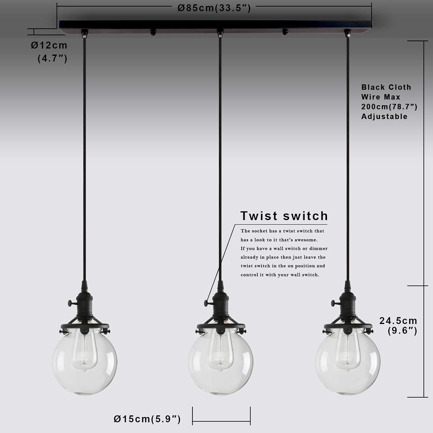 PERMO Vintage Rustic Industrial 3-Lights Kitchen Island Chandelier Triple 3 Heads Pendant Hanging Ceiling Lighting Fixture with Funnel Flared Clear Glass Shade (Black)