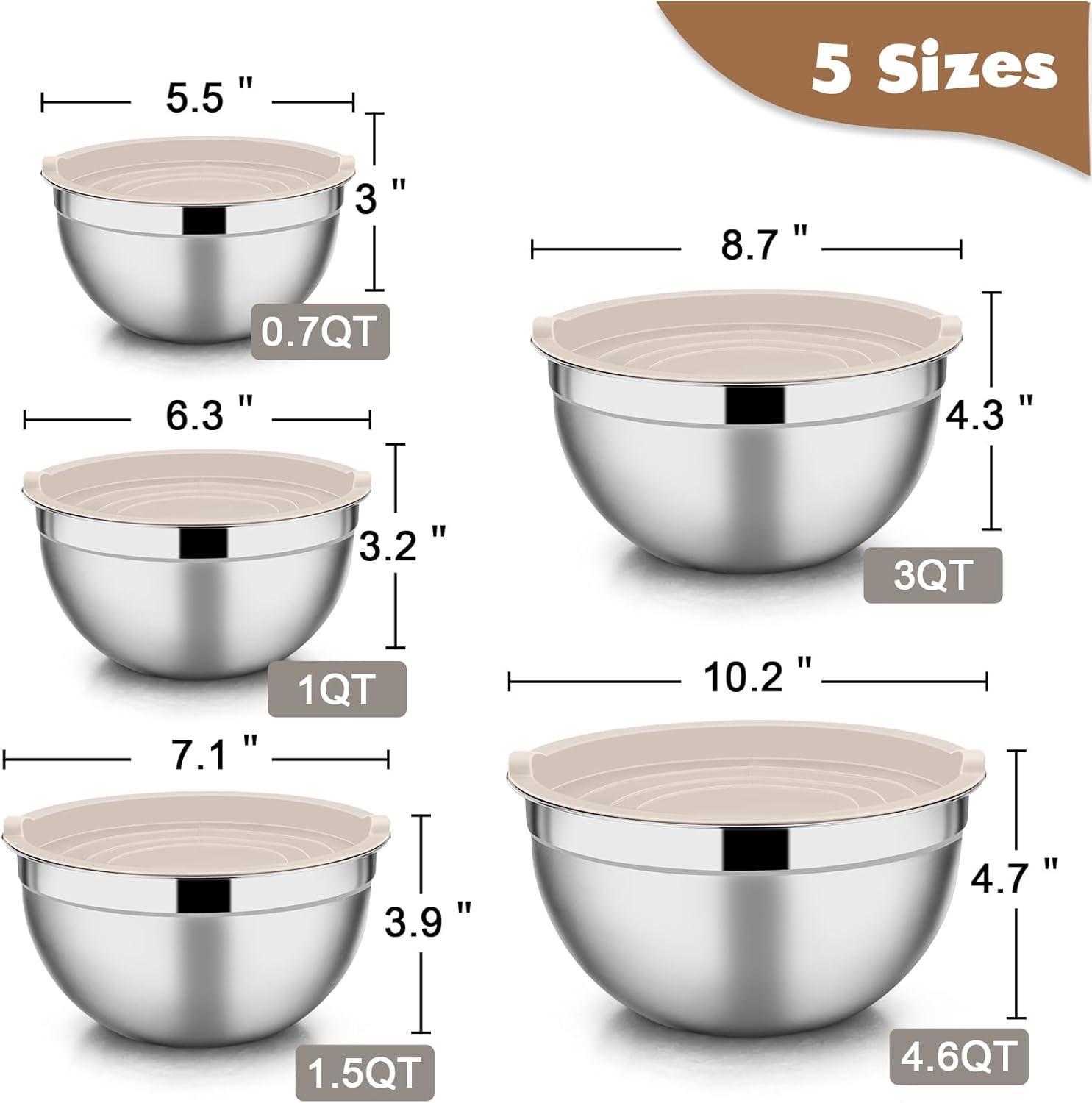 Khaki Stainless Steel Nesting Mixing Bowls with Lids Set of 5