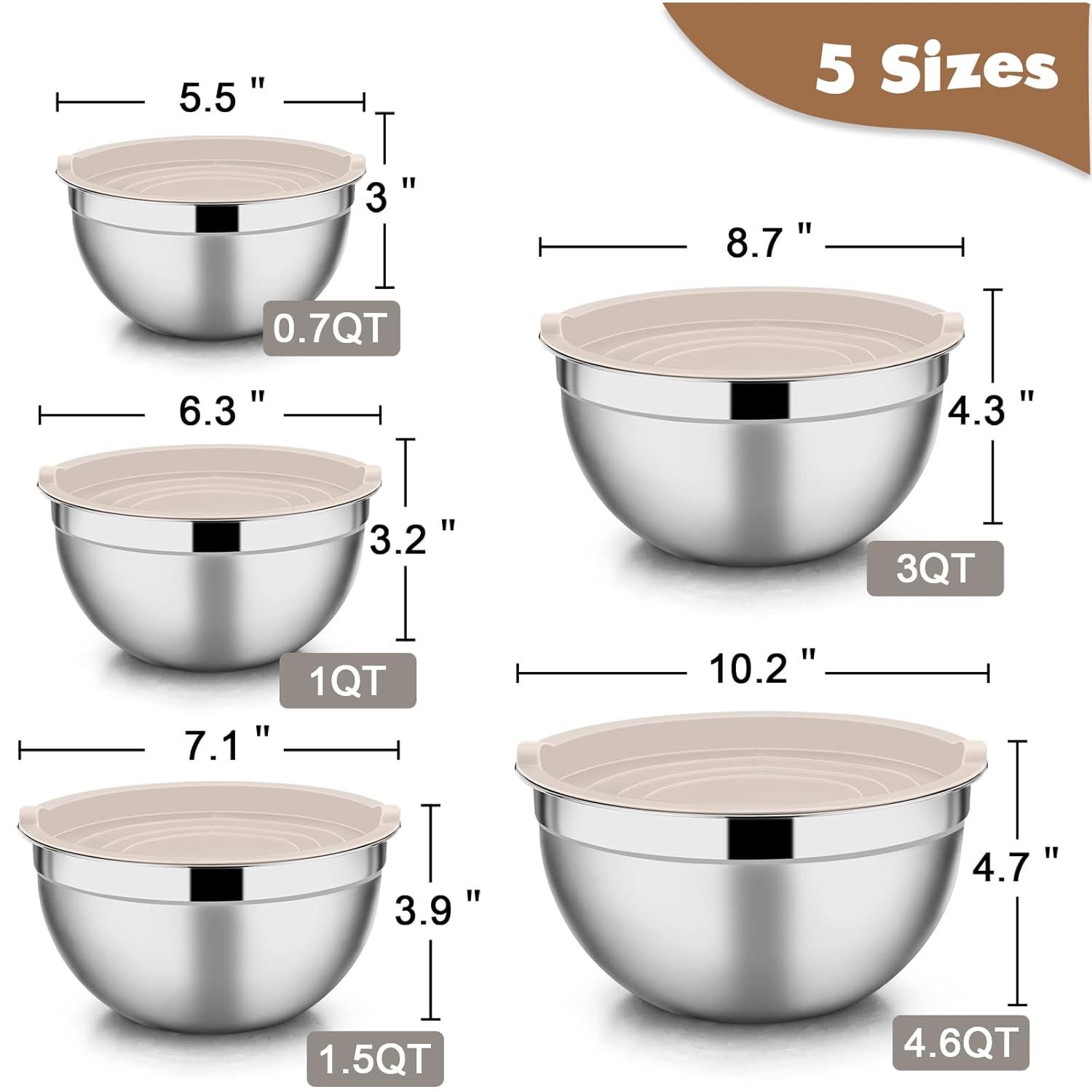 Toledo Bath & Kitchen Stainless Steel Mixing Bowls With Lids, 5-Pack Metal Nesting Bowls With Airtight Covers For Cooking, Baking, Serving, Storage, Non-Toxic & Dishwasher Safe, Size 4.6/3/1.5/1/0.7QT - Khaki