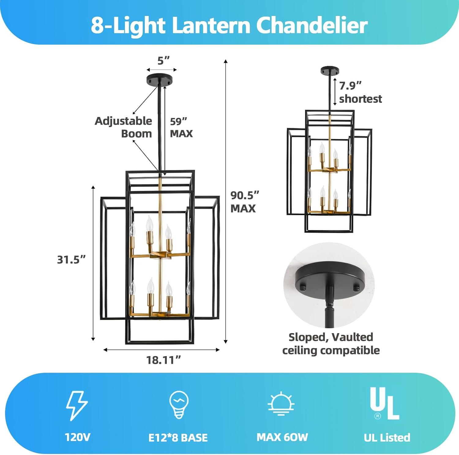 8-Light Black and Gold Industrial Lantern Chandelier