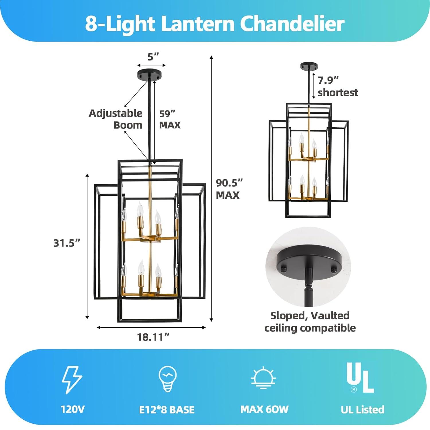 Magic Home Industrial Traditional Vantage 12/8/4 - Light Lantern Rectangle 3-Tier 2-Tier Chandelier Ceiling Mount E12 Adjustable Hanging Height Black Grey