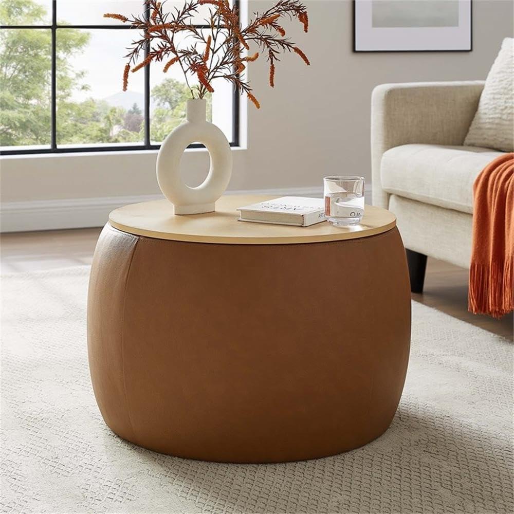 Modway Perla Round Vegan Leather Storage Ottoman in Tan